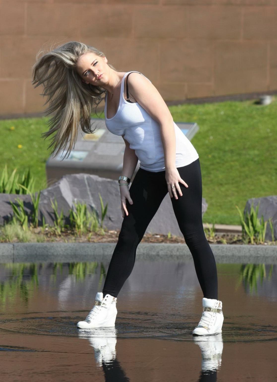 16P Rachel Rhodes shows off her boobs braless in wet see through top out in Liverpoo