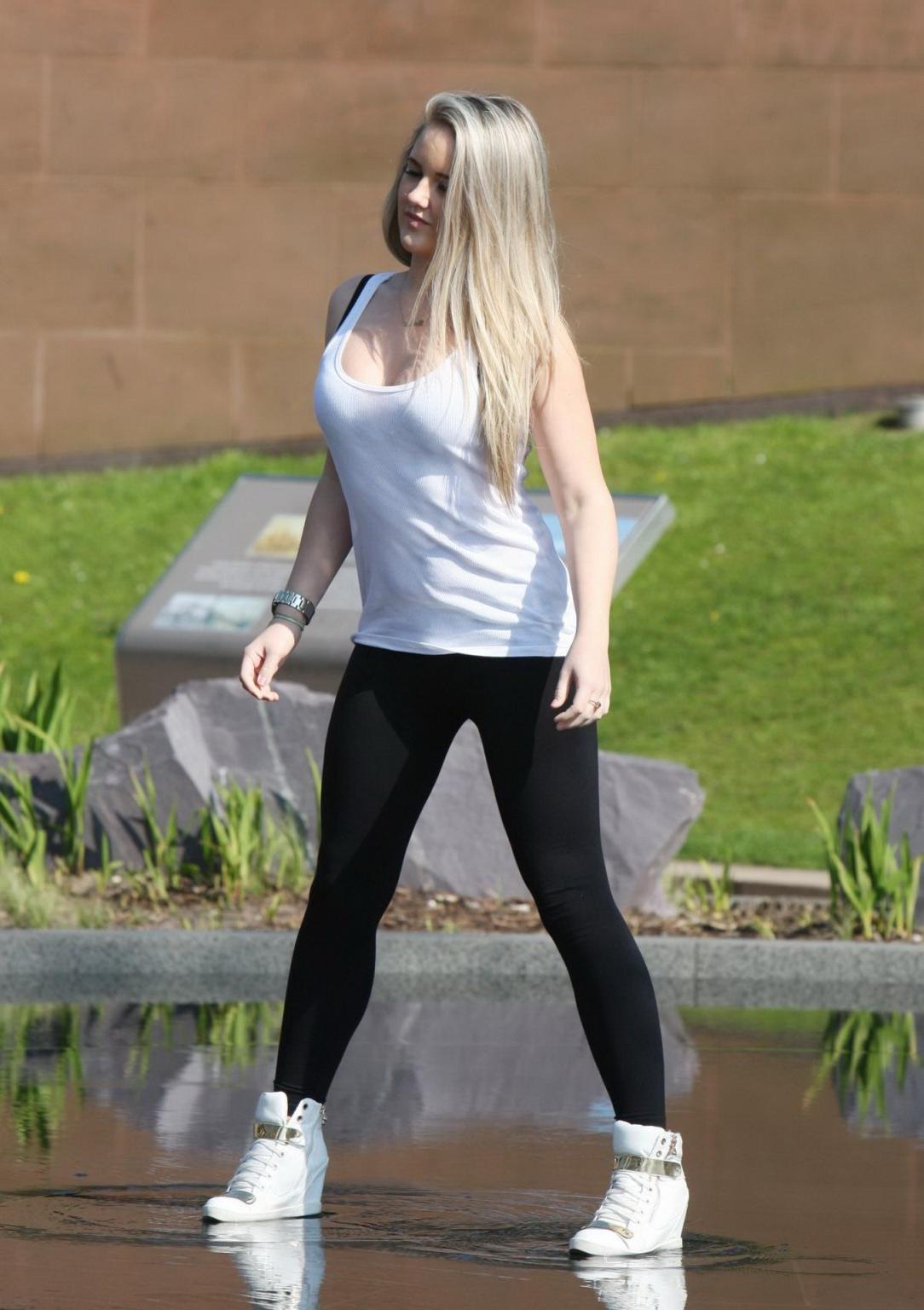 16P Rachel Rhodes shows off her boobs braless in wet see through top out in Liverpoo