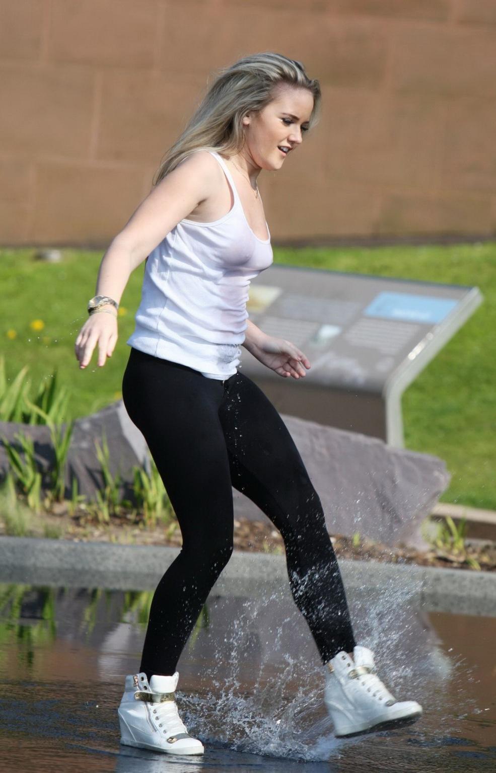16P Rachel Rhodes shows off her boobs braless in wet see through top out in Liverpoo