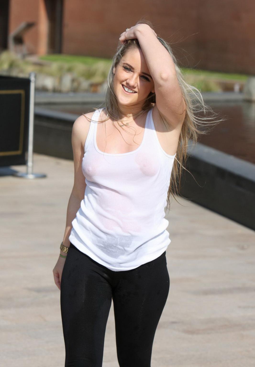 16P Rachel Rhodes shows off her boobs braless in wet see through top out in Liverpoo