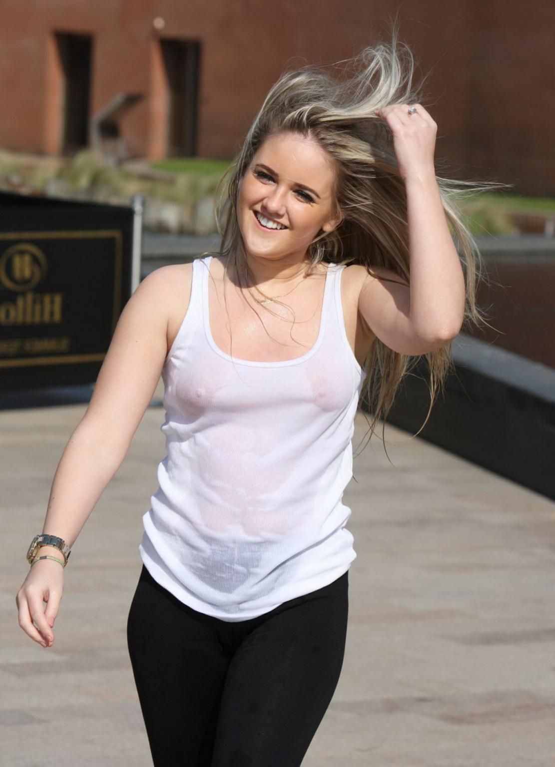 16P Rachel Rhodes shows off her boobs braless in wet see through top out in Liverpoo