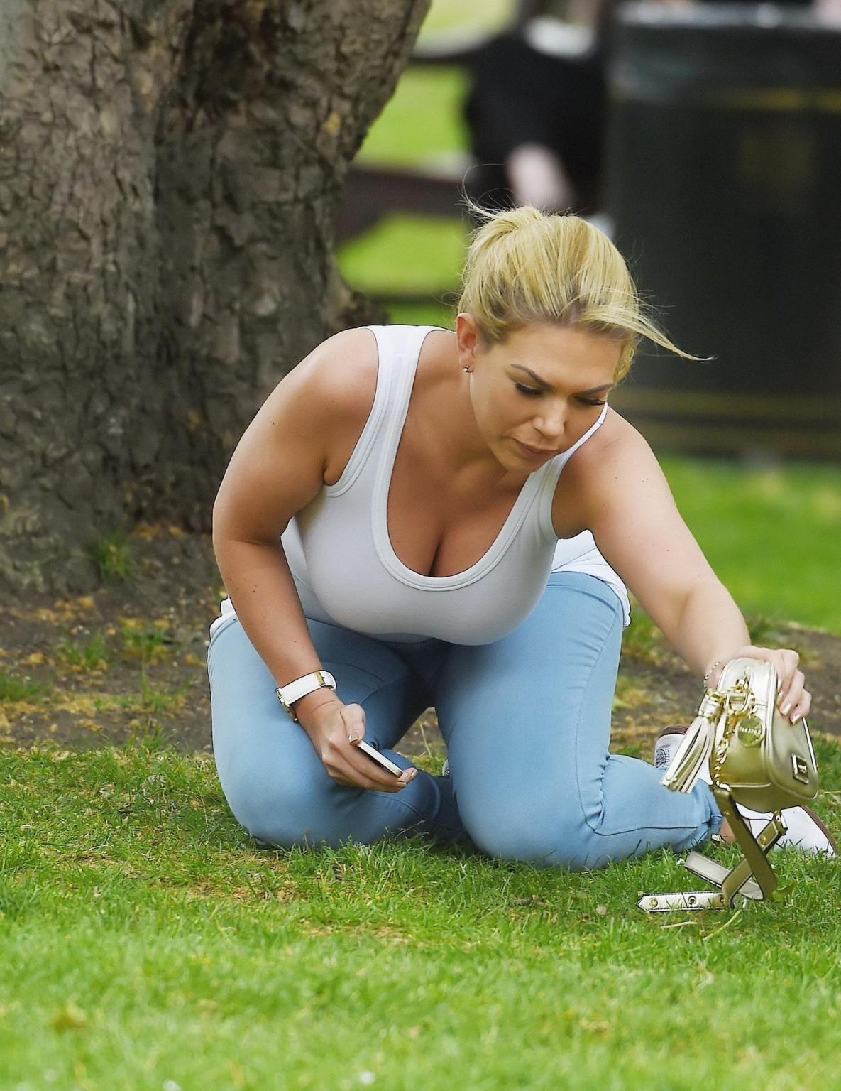 16P Busty Frankie Essex braless downblouse at a park in London