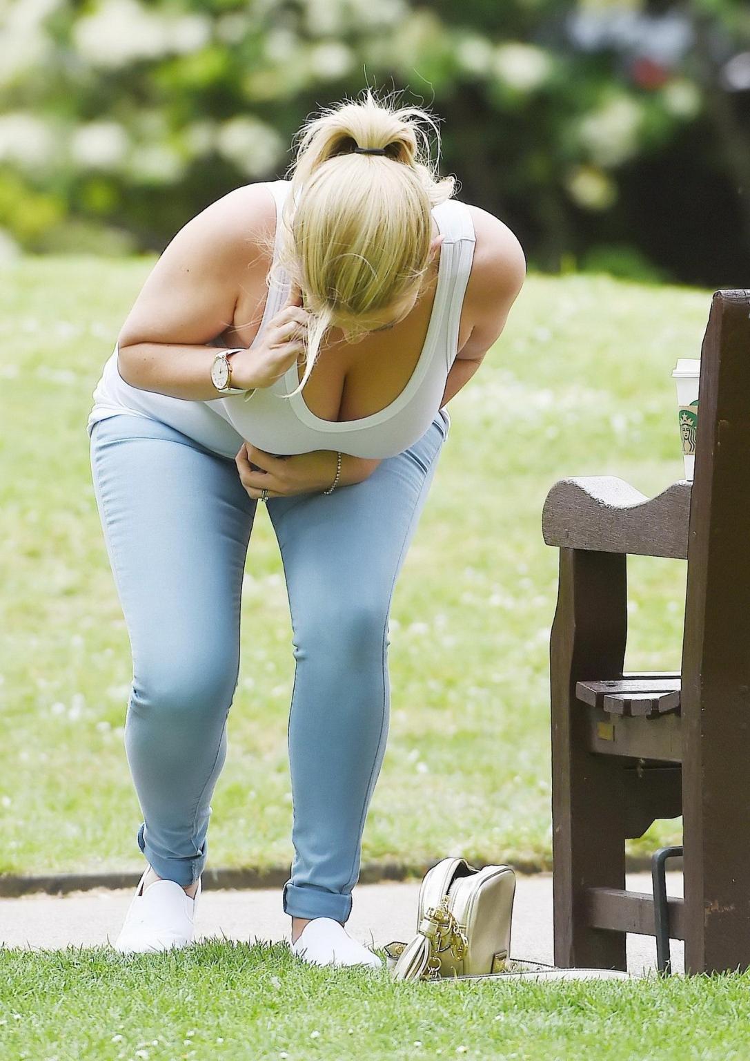 16P Busty Frankie Essex braless downblouse at a park in London