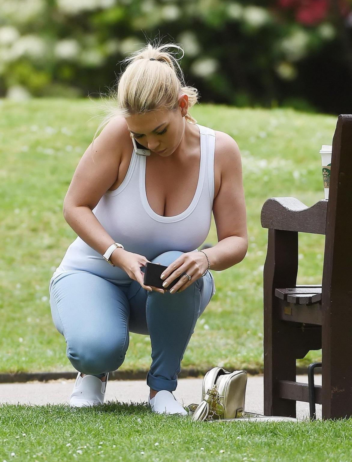 16P Busty Frankie Essex braless downblouse at a park in London