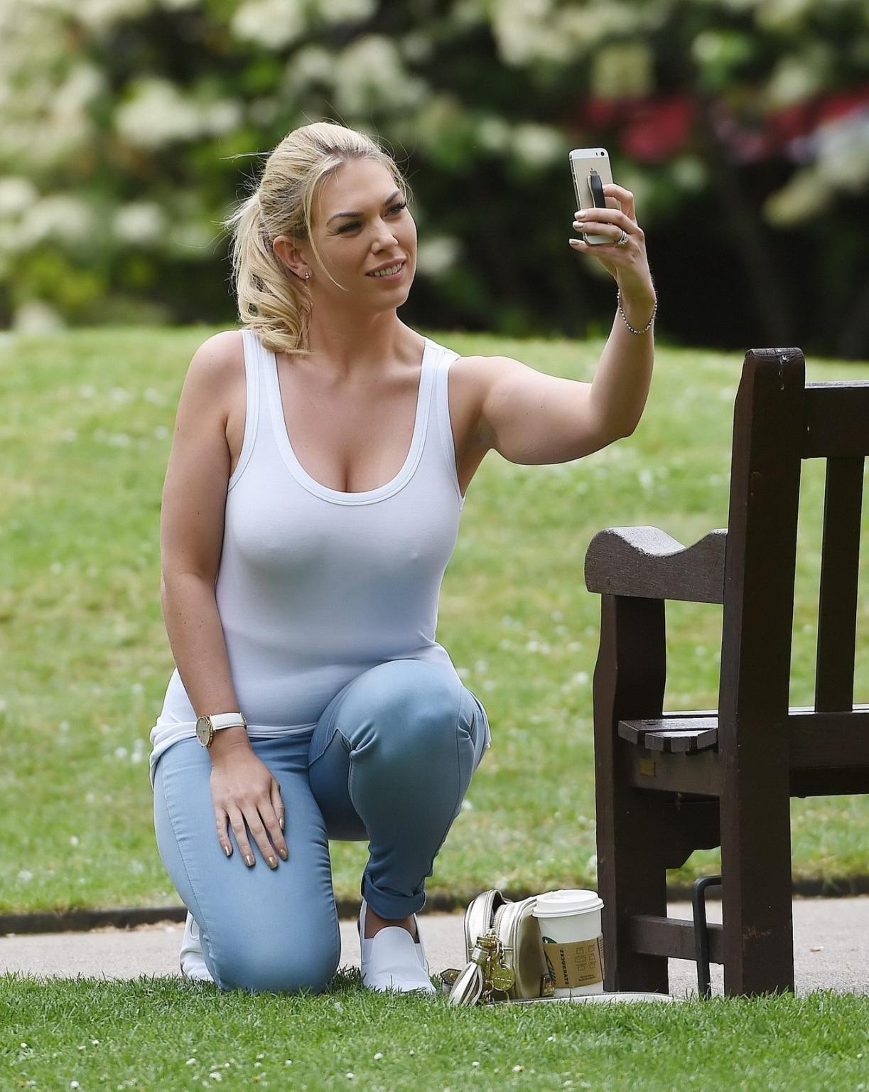 16P Busty Frankie Essex braless downblouse at a park in London