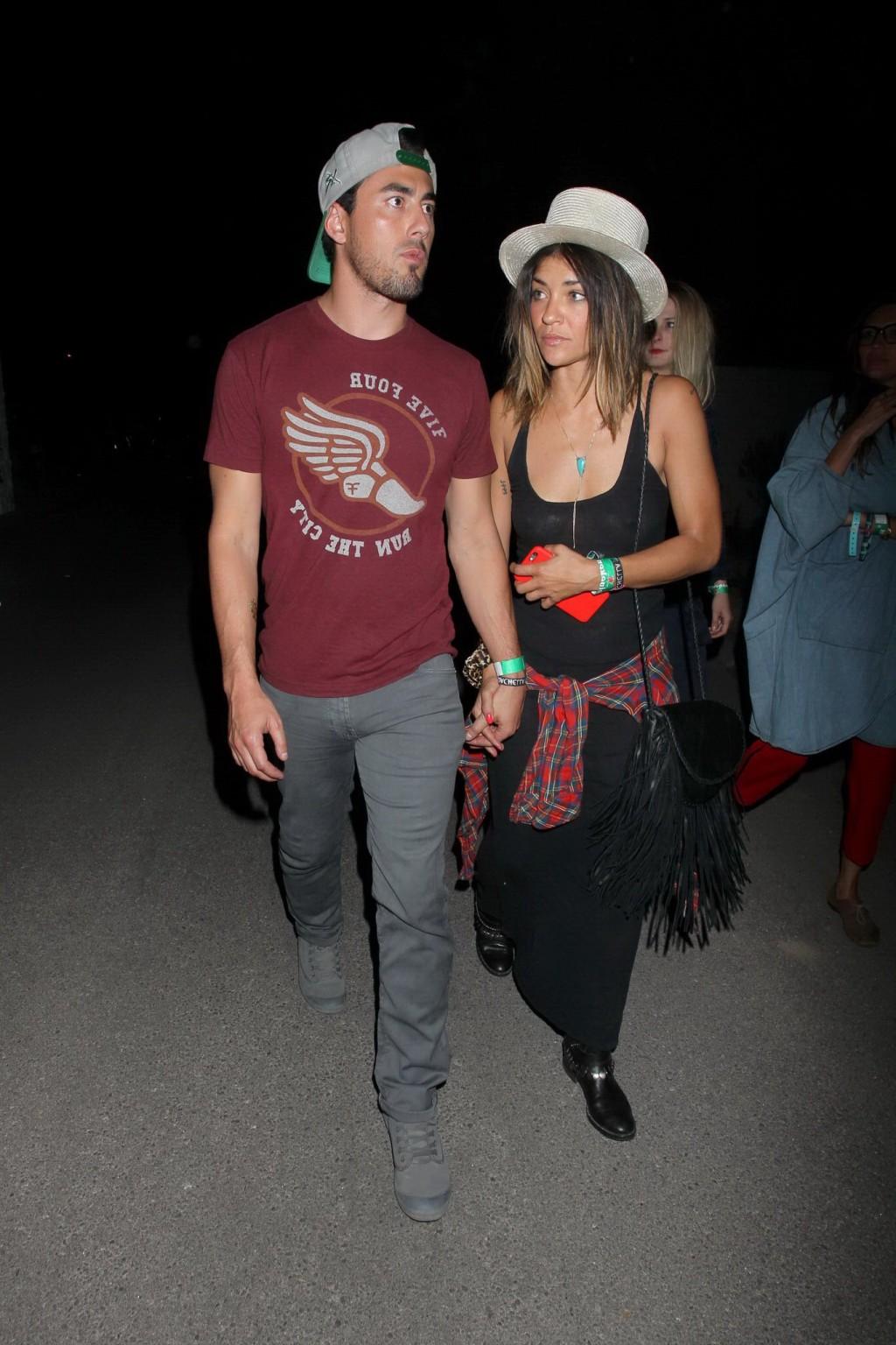16P Jessica Szohr showing boobs braless in black see through dress at Coachella Musi