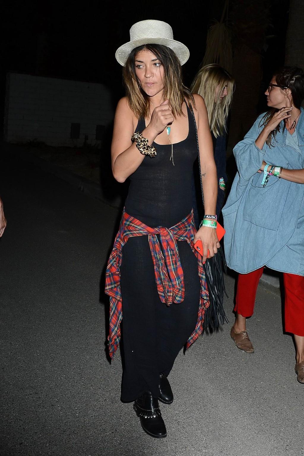 16P Jessica Szohr showing boobs braless in black see through dress at Coachella Musi
