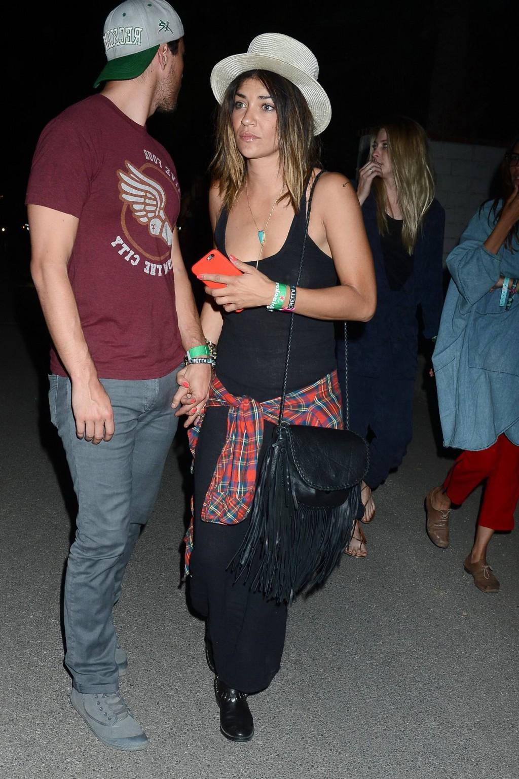 16P Jessica Szohr showing boobs braless in black see through dress at Coachella Musi
