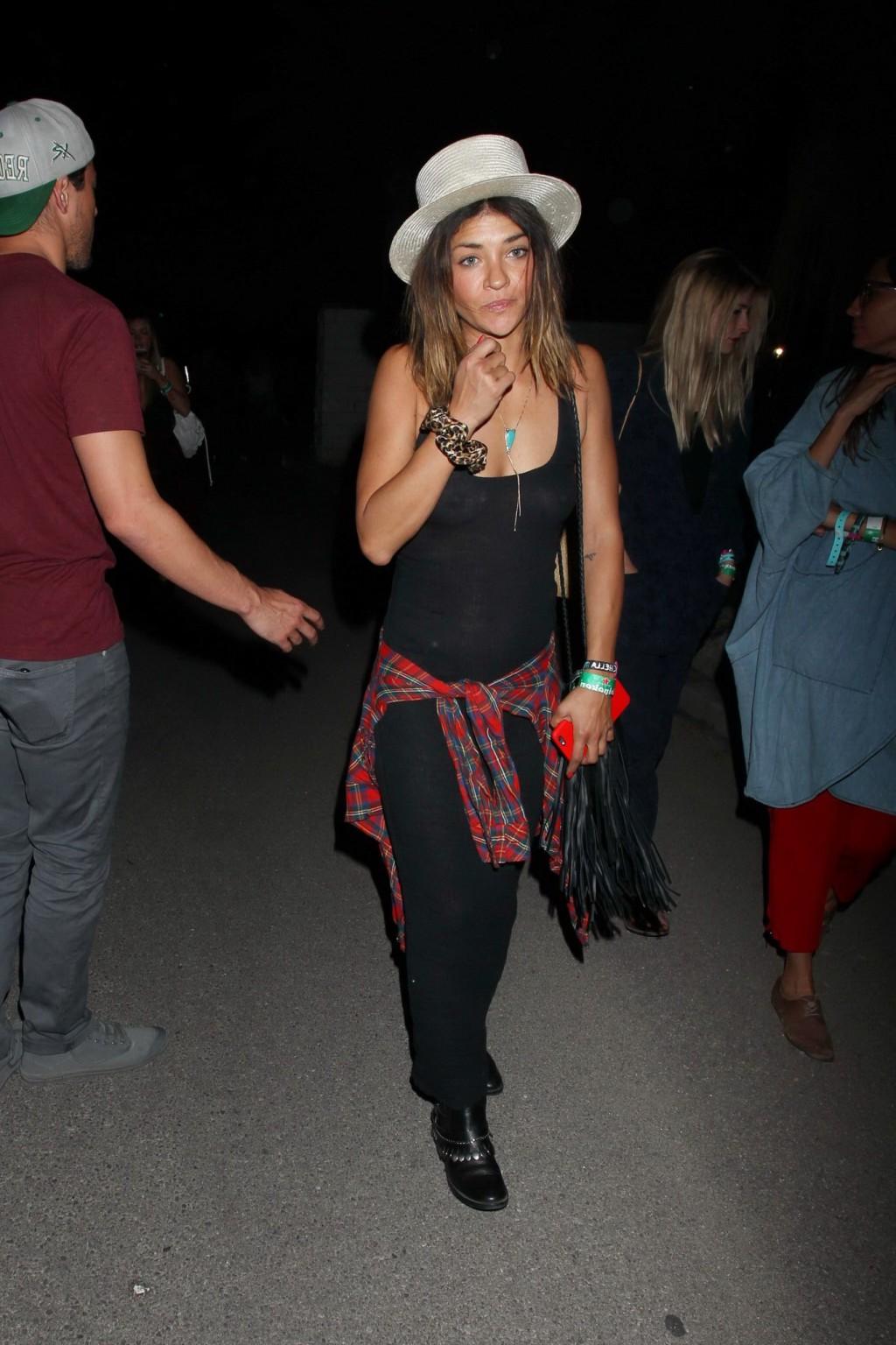 16P Jessica Szohr showing boobs braless in black see through dress at Coachella Musi
