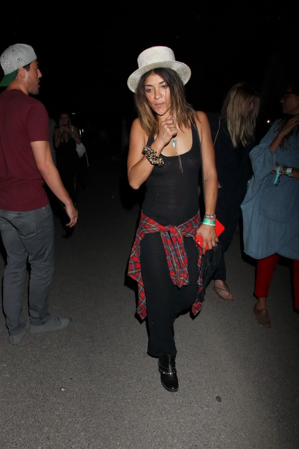 16P Jessica Szohr showing boobs braless in black see through dress at Coachella Musi