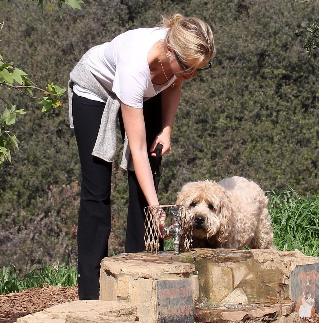 16P Amy Smart downblouse while walking her dog at a park in Beverly Hills