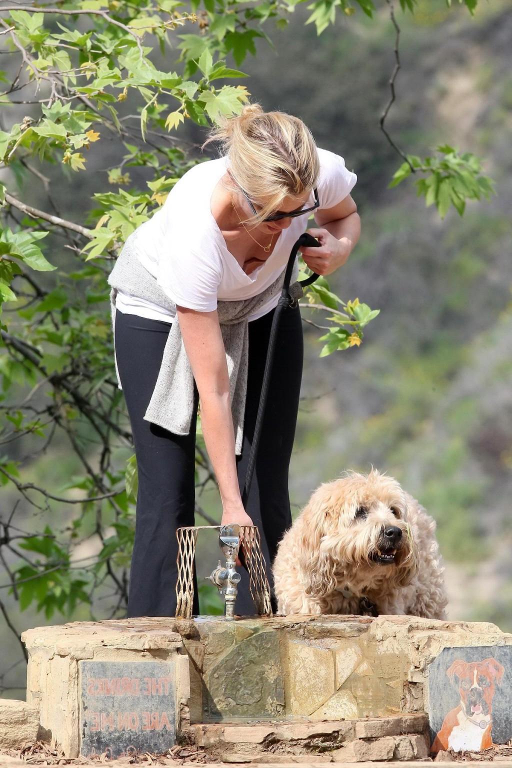 16P Amy Smart downblouse while walking her dog at a park in Beverly Hills