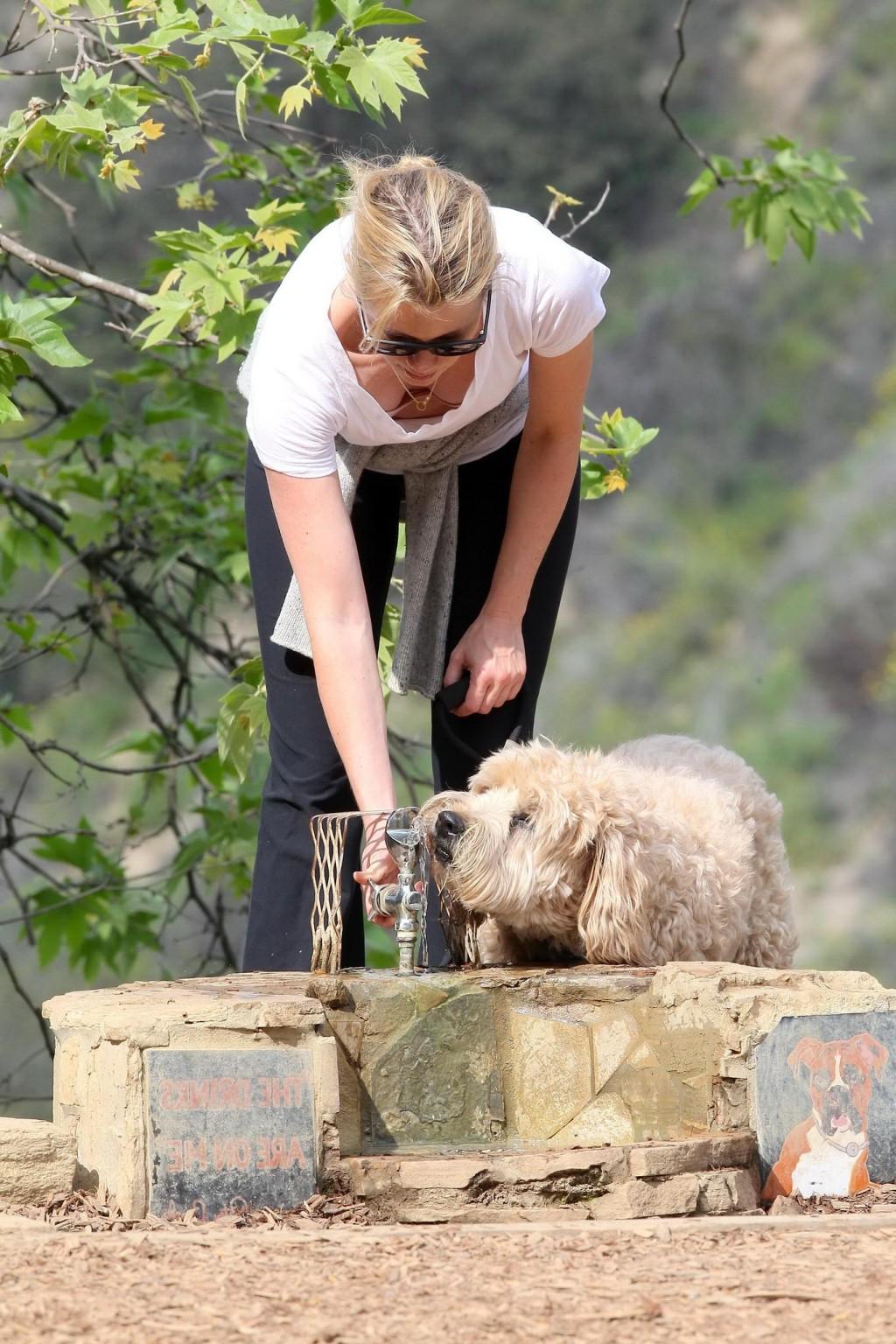 16P Amy Smart downblouse while walking her dog at a park in Beverly Hills
