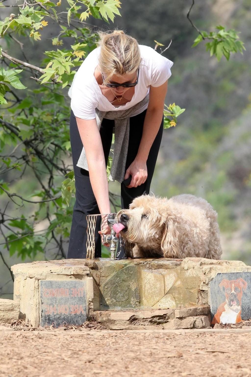 16P Amy Smart downblouse while walking her dog at a park in Beverly Hills