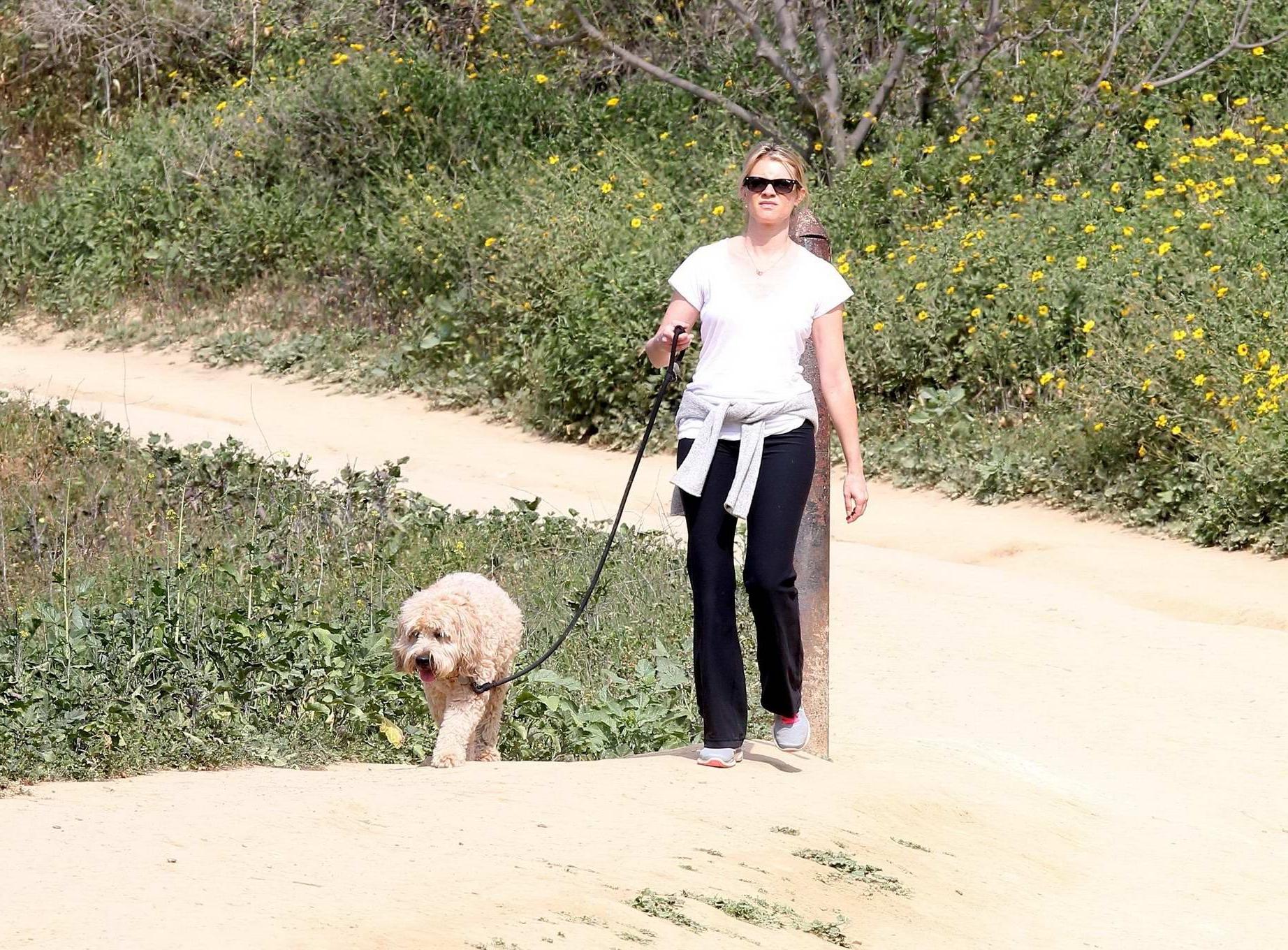 16P Amy Smart downblouse while walking her dog at a park in Beverly Hills