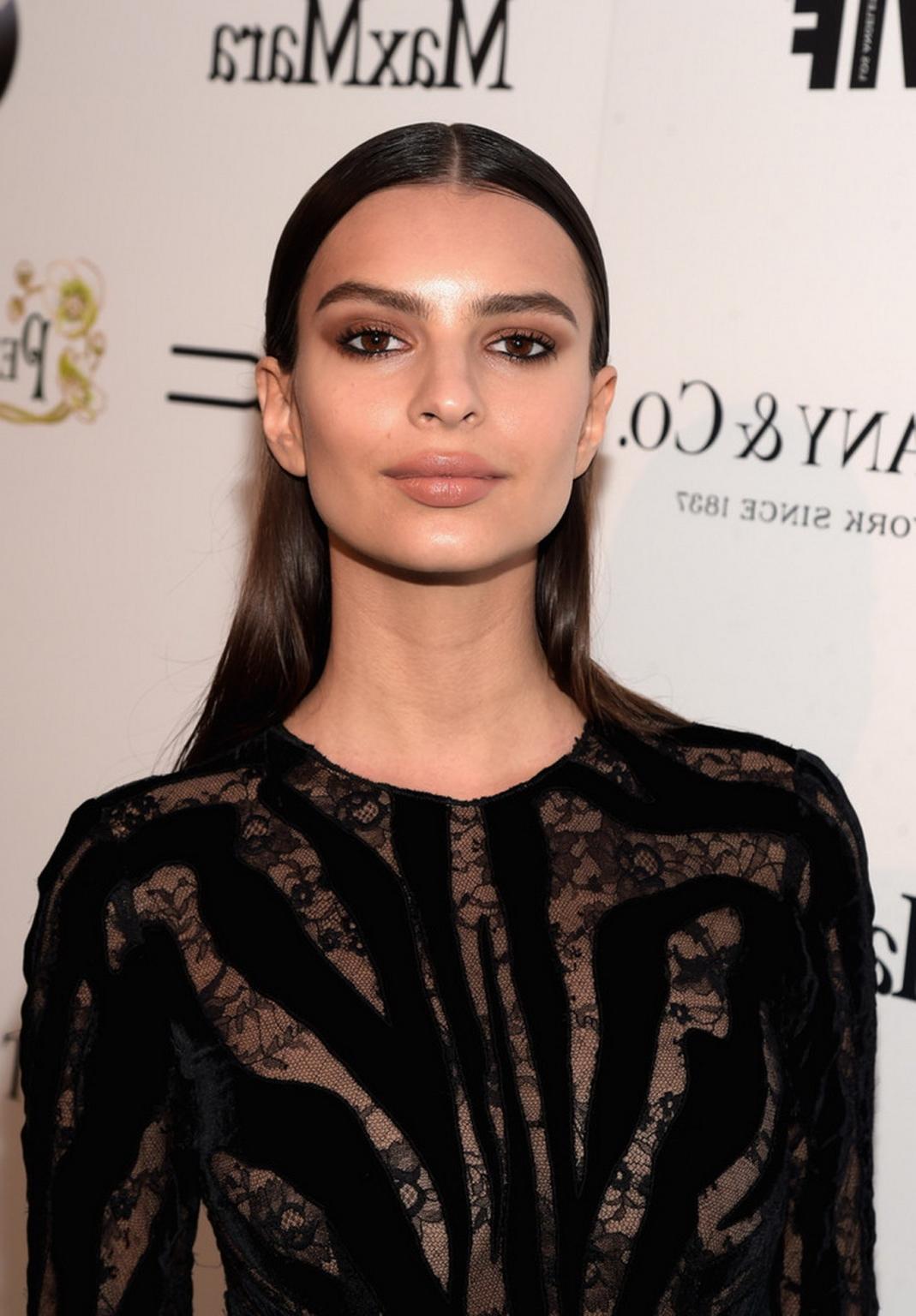 16P Emily Ratajkowski braless wearing black see through dress at 2015 Tom Ford Colle