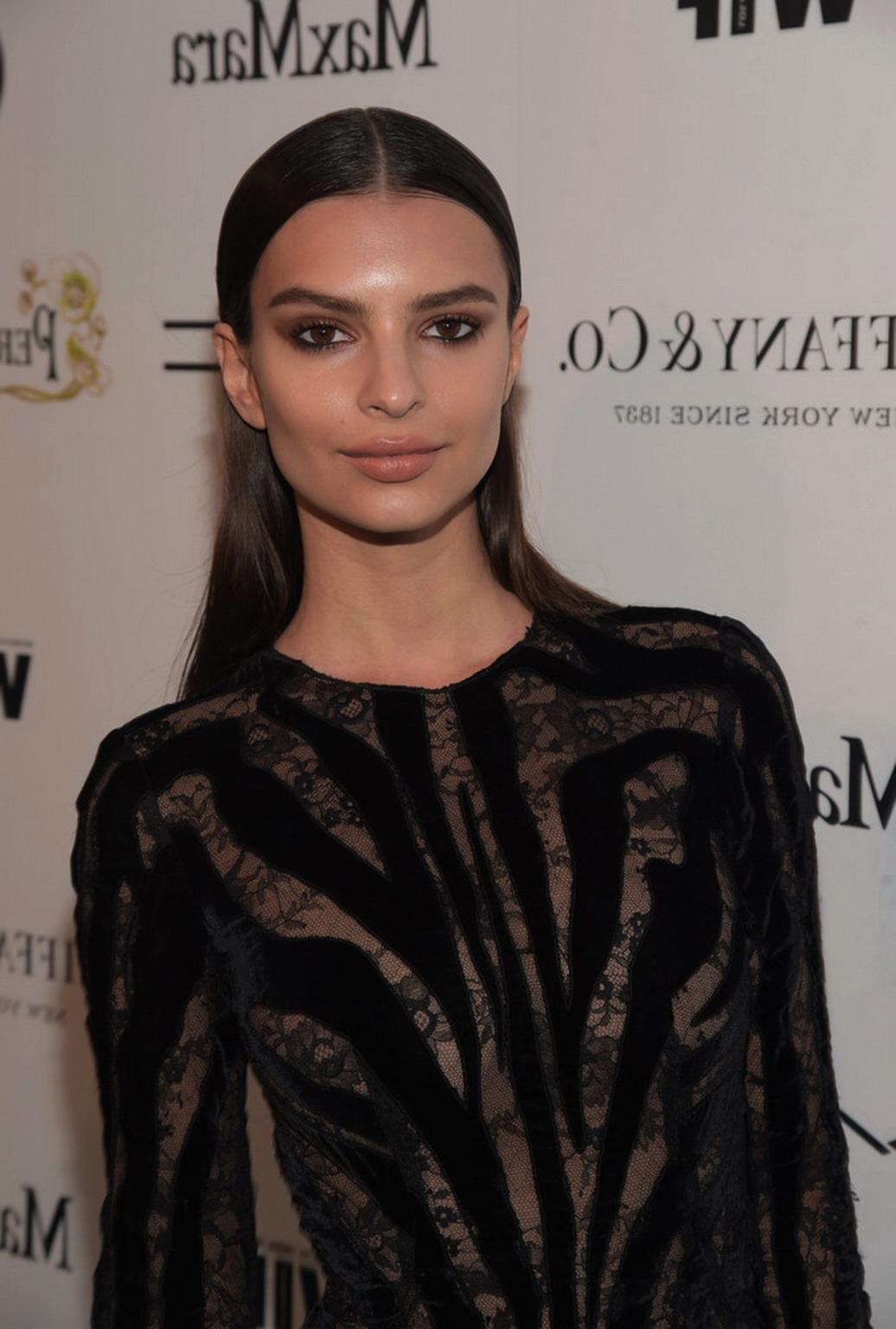 16P Emily Ratajkowski braless wearing black see through dress at 2015 Tom Ford Colle