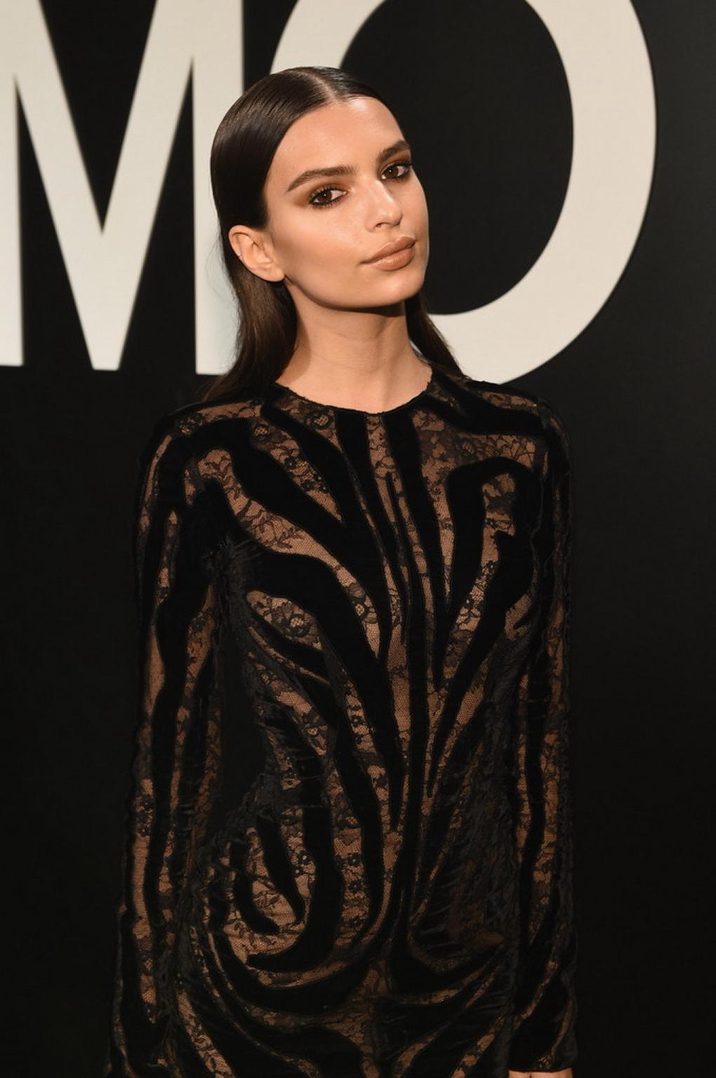 16P Emily Ratajkowski braless wearing black see through dress at 2015 Tom Ford Colle