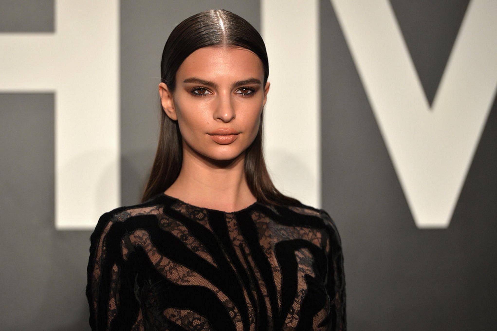 16P Emily Ratajkowski braless wearing black see through dress at 2015 Tom Ford Colle