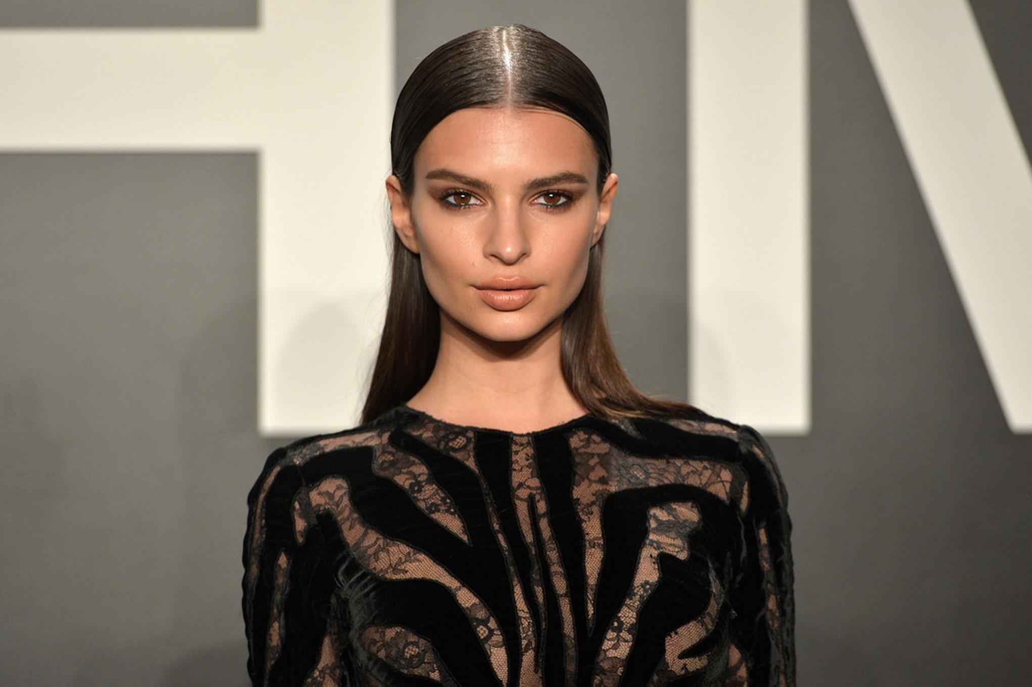 16P Emily Ratajkowski braless wearing black see through dress at 2015 Tom Ford Colle