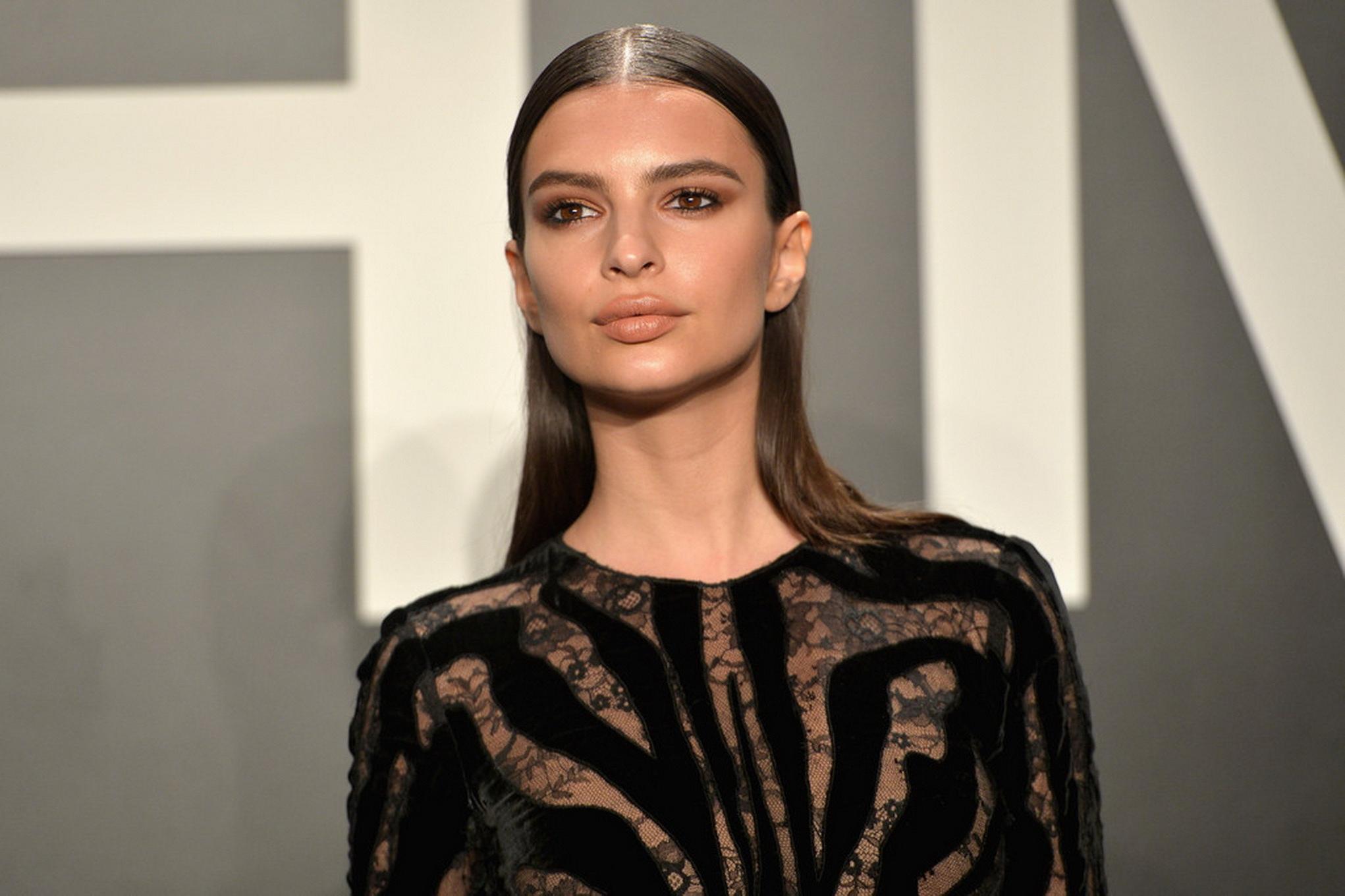16P Emily Ratajkowski braless wearing black see through dress at 2015 Tom Ford Colle