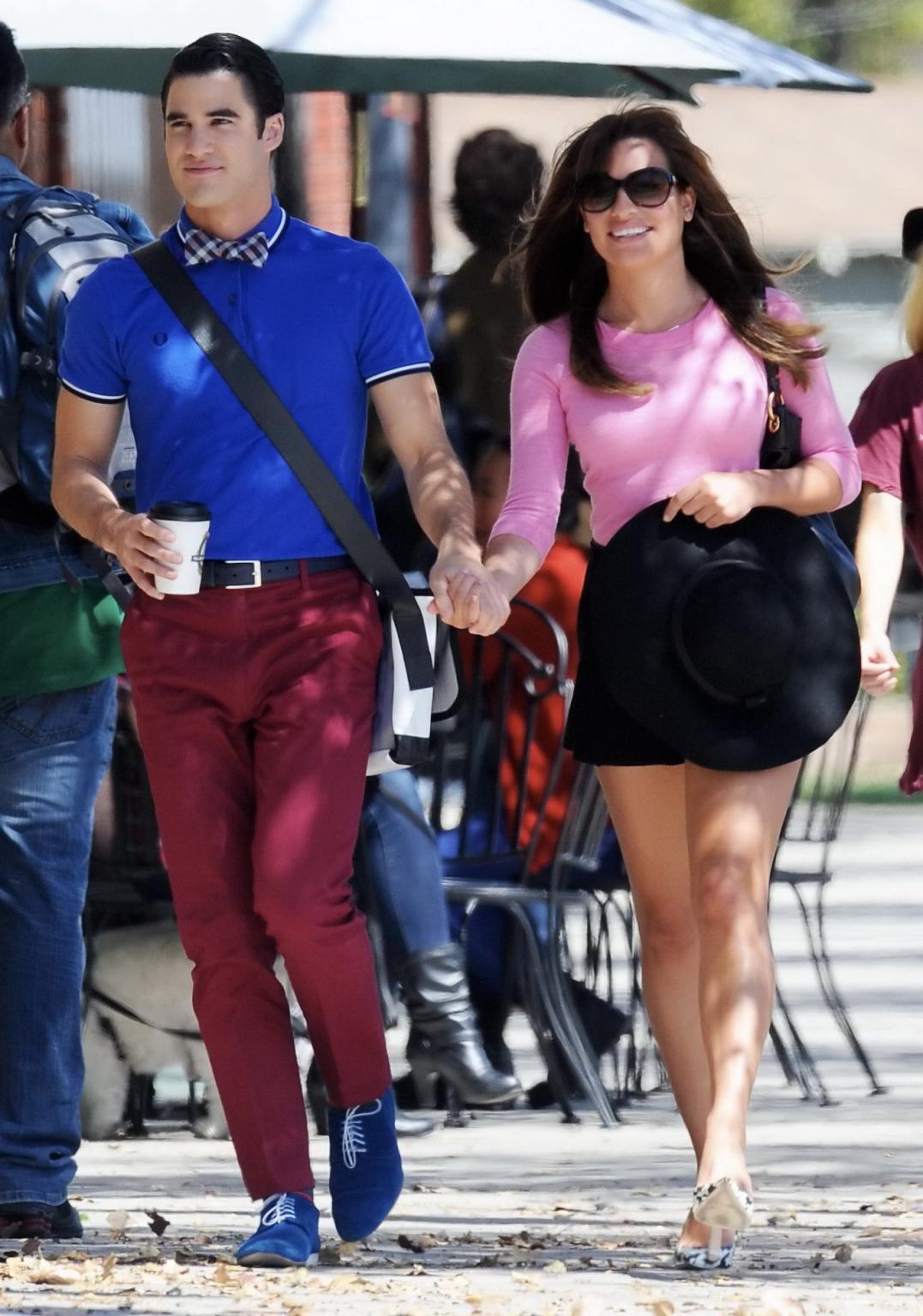 10P Lea Michele busty and leggy in a tight pink top and shorts on the set of Glee in