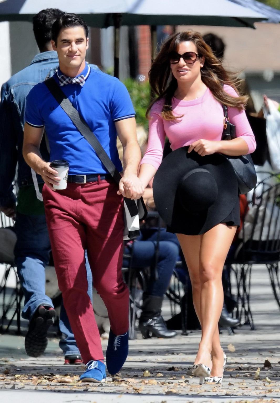 10P Lea Michele busty and leggy in a tight pink top and shorts on the set of Glee in