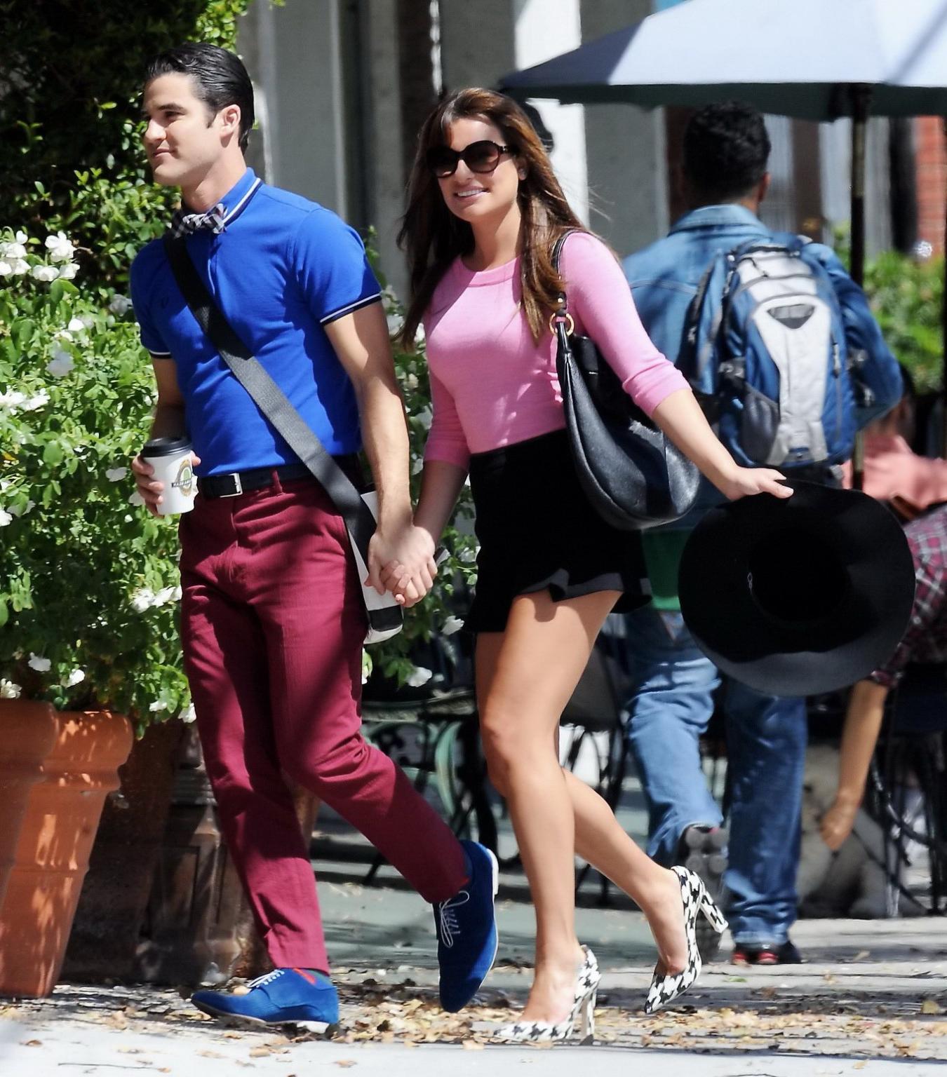 10P Lea Michele busty and leggy in a tight pink top and shorts on the set of Glee in