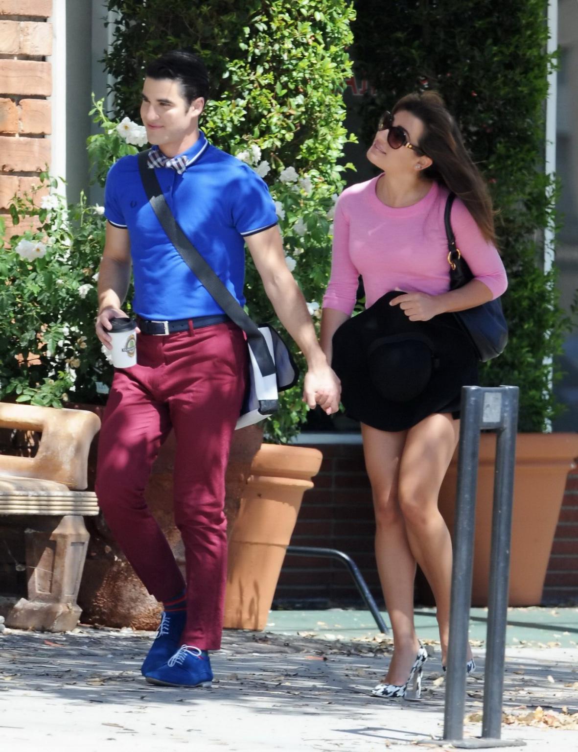 10P Lea Michele busty and leggy in a tight pink top and shorts on the set of Glee in