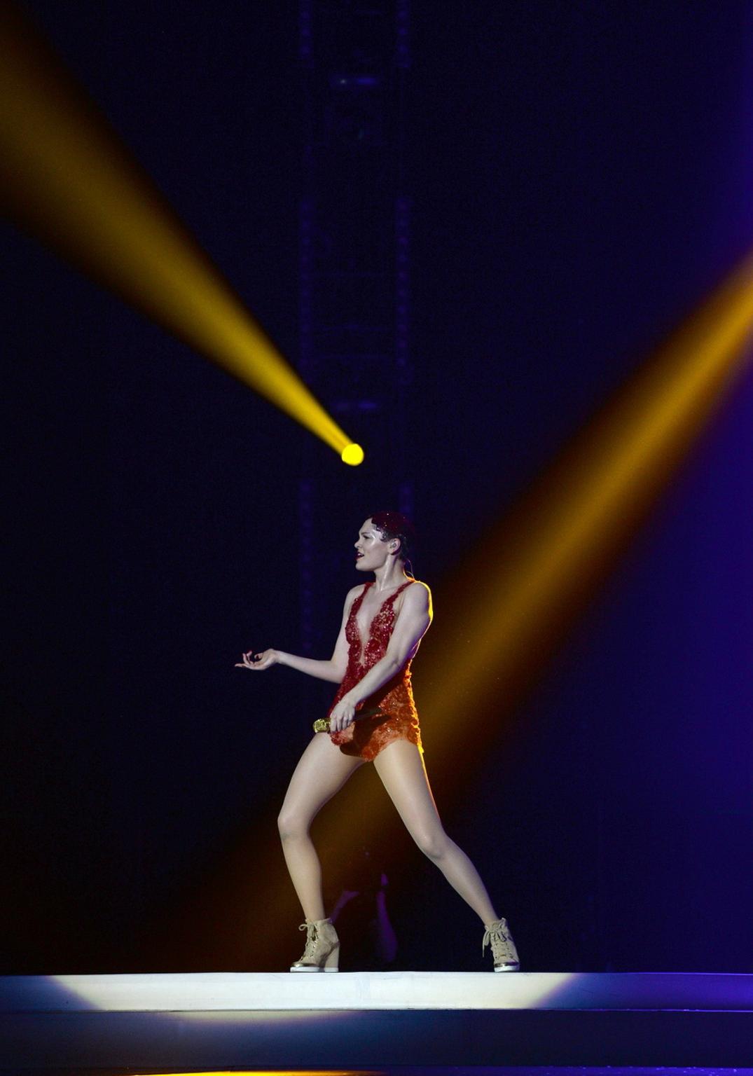 16P Jessie J performing in red see-through lingerie at Capital FM's Jingle Bell Ball