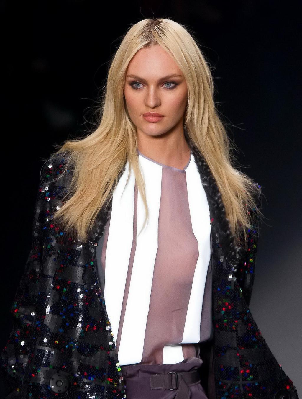 16P Candice Swanepoel shows off her boobs wearing a see through top on the catwalk a