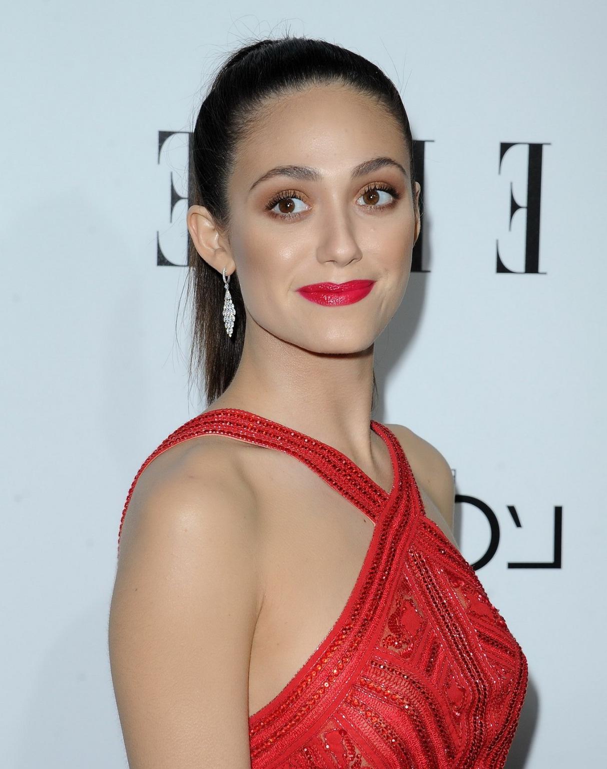 16P Emmy Rossum braless wearing red slightly see-through mini dress at ELLE's 20th A