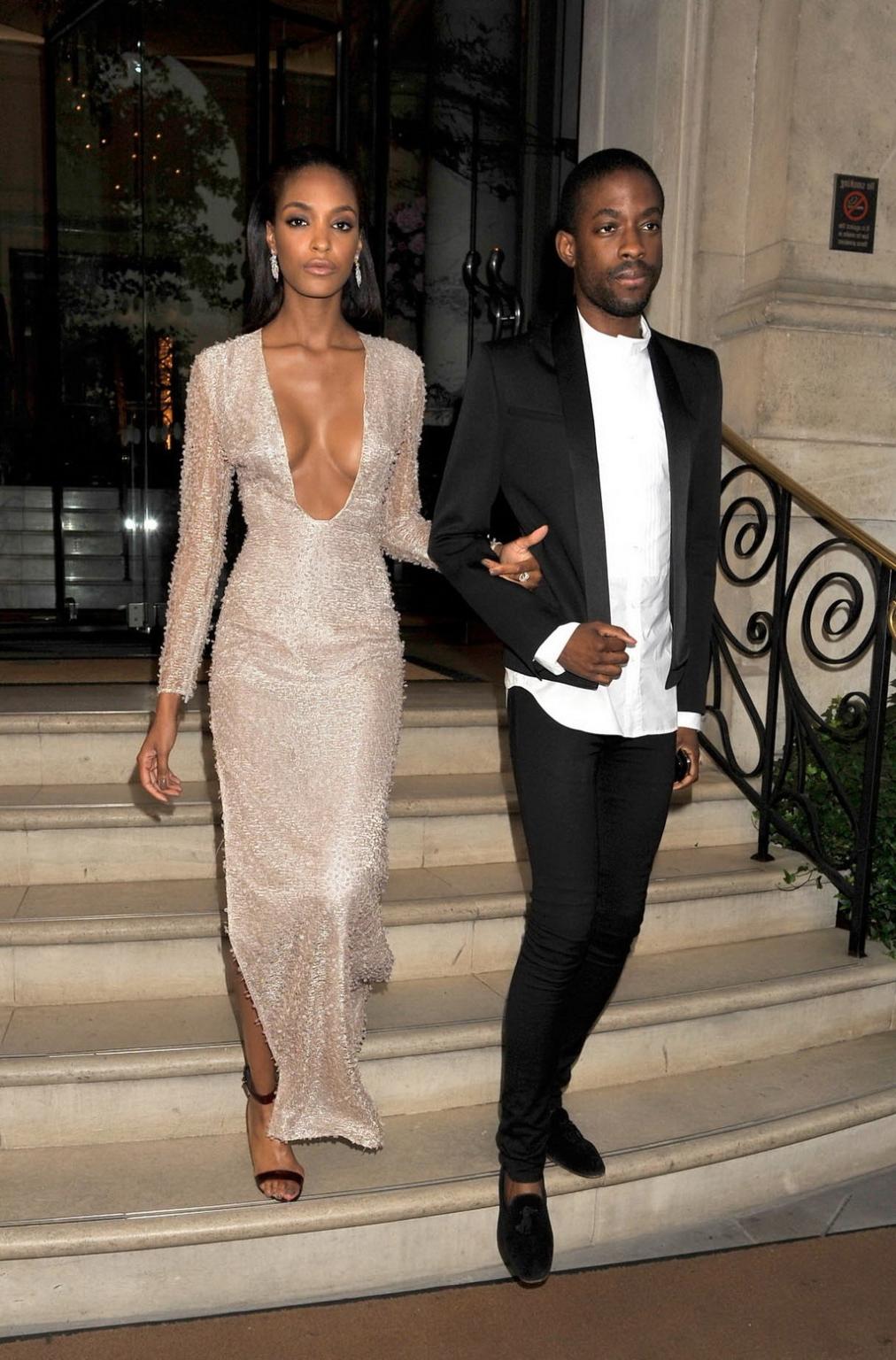 16P Jourdan Dunn braless wearing low cut and high slit partially see-through dress a