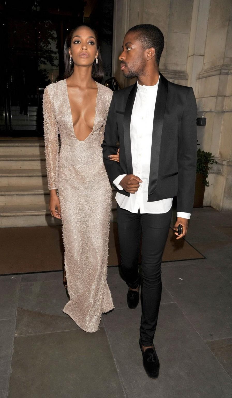 16P Jourdan Dunn braless wearing low cut and high slit partially see-through dress a