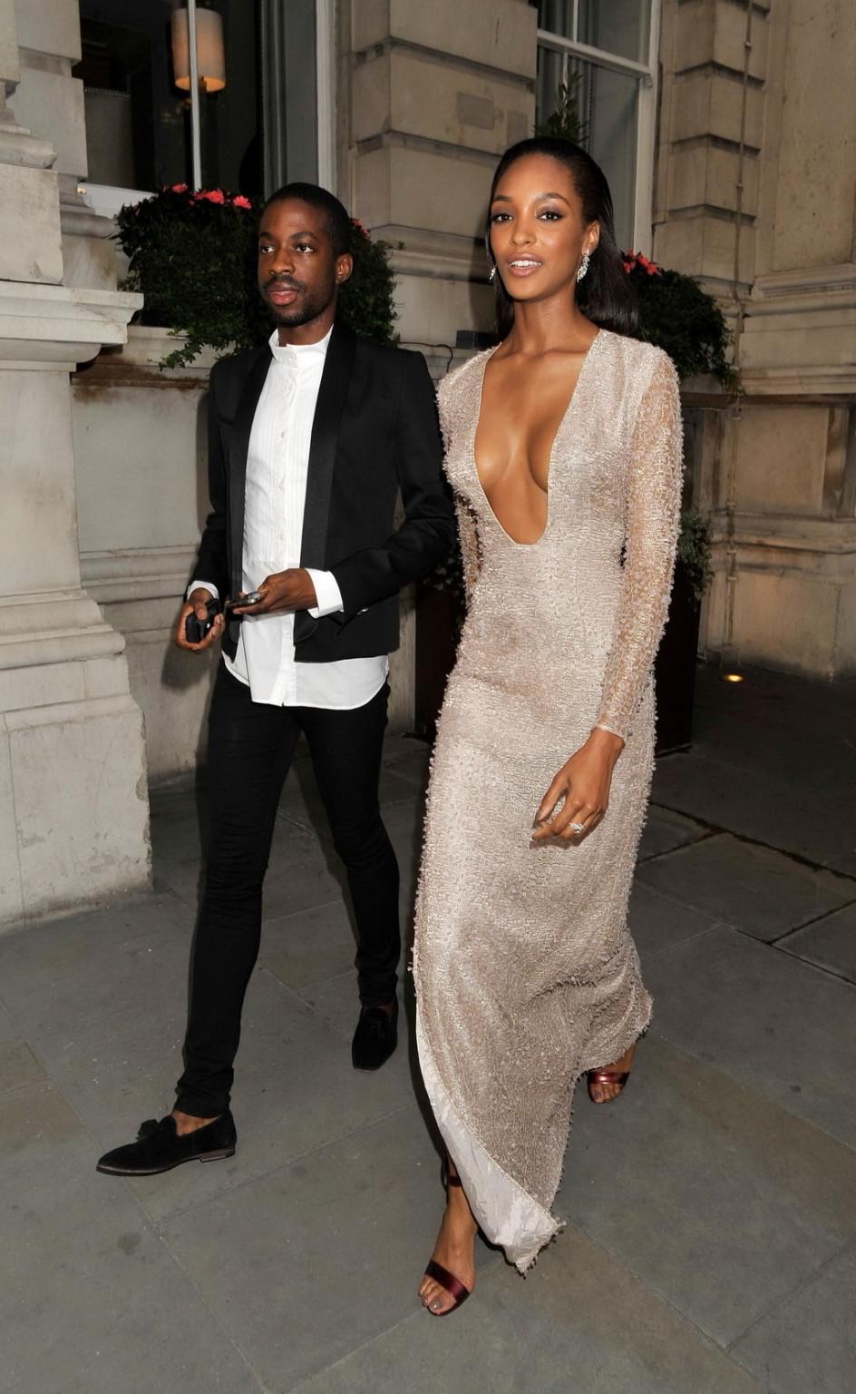 16P Jourdan Dunn braless wearing low cut and high slit partially see-through dress a