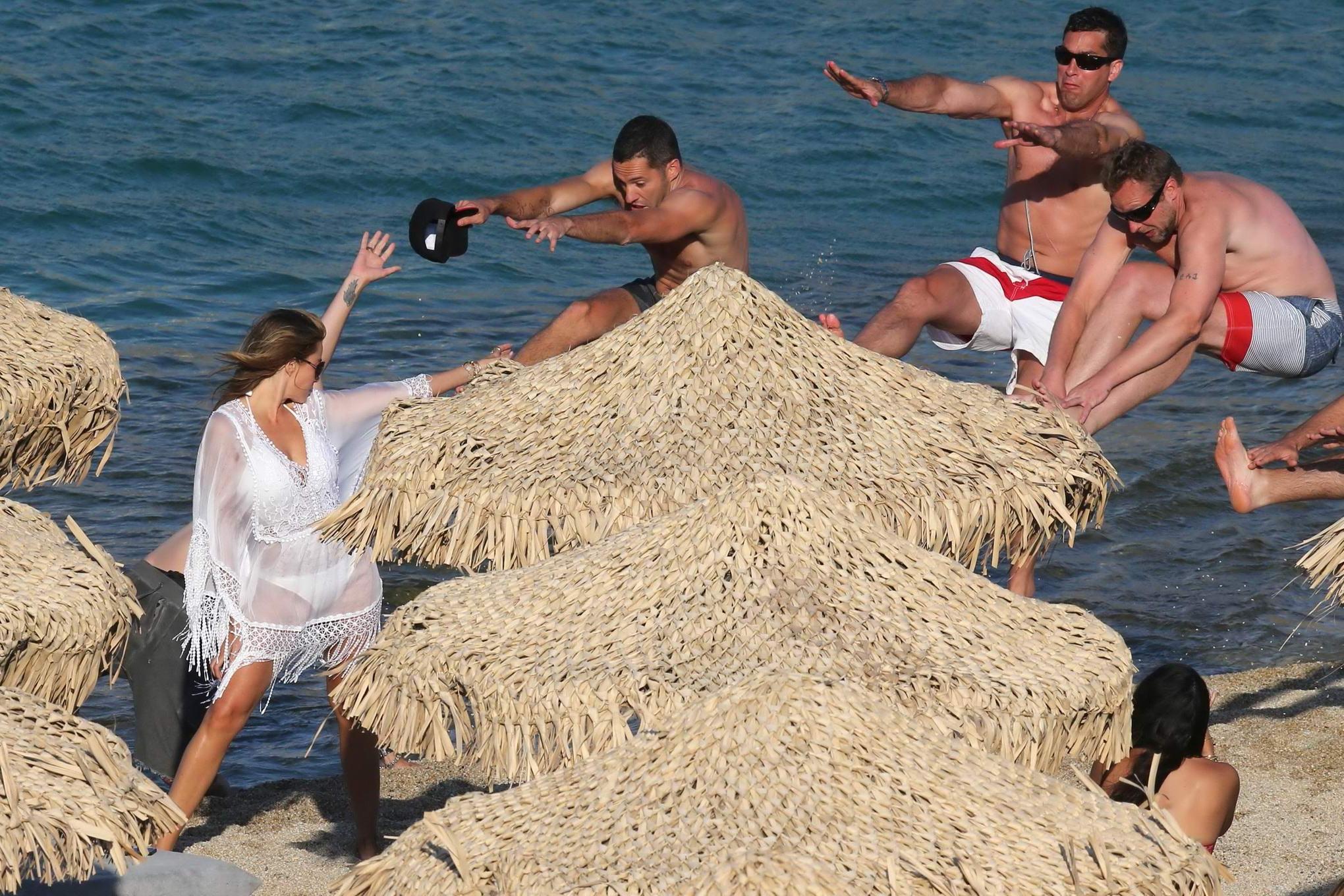 16P Sofia Vergara see-through to white bikini arriving at the beach in Mykonis