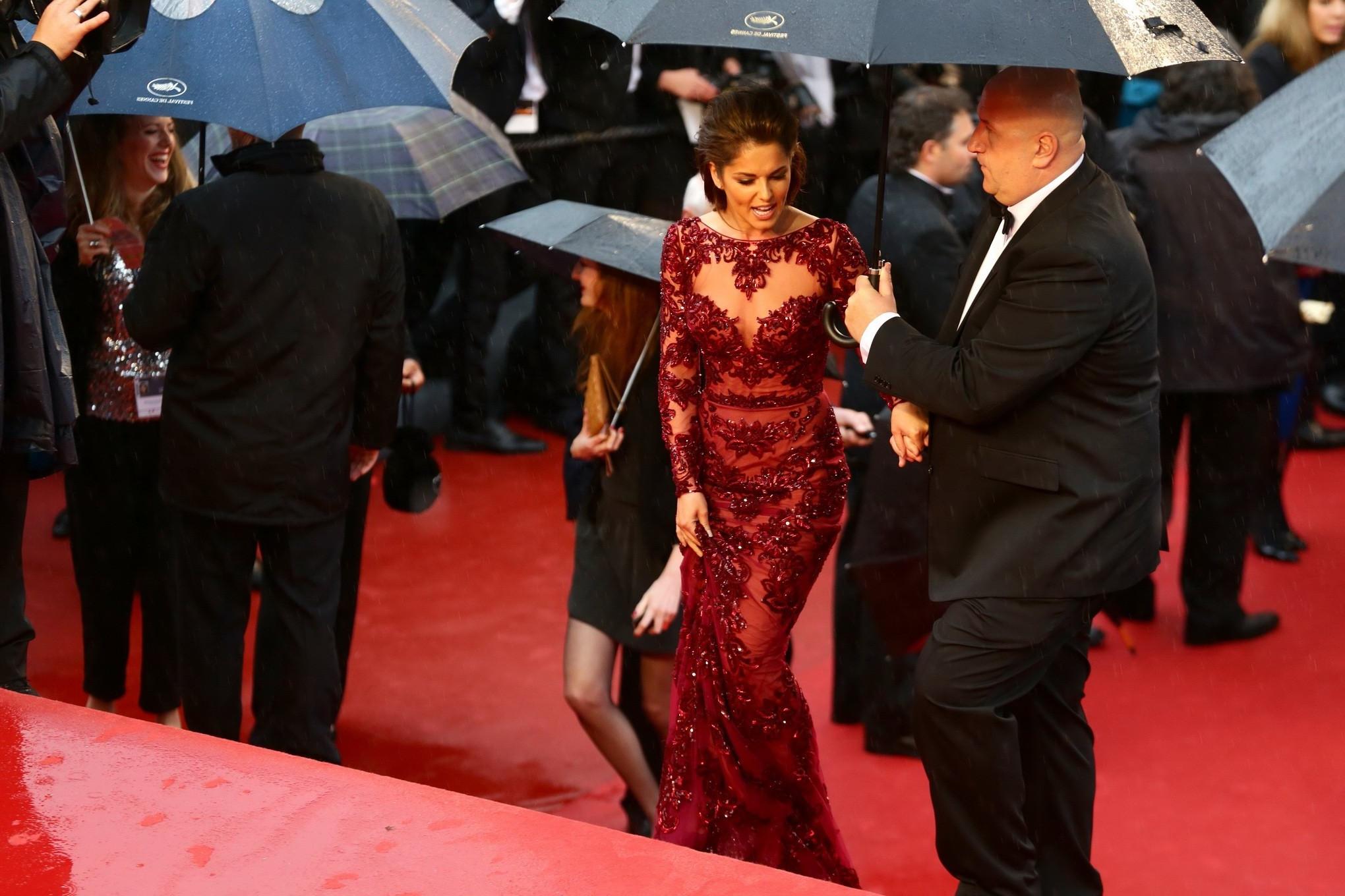 16P Cheryl Cole braless wearing red partially see-through maxi dress at the Jimmy P 