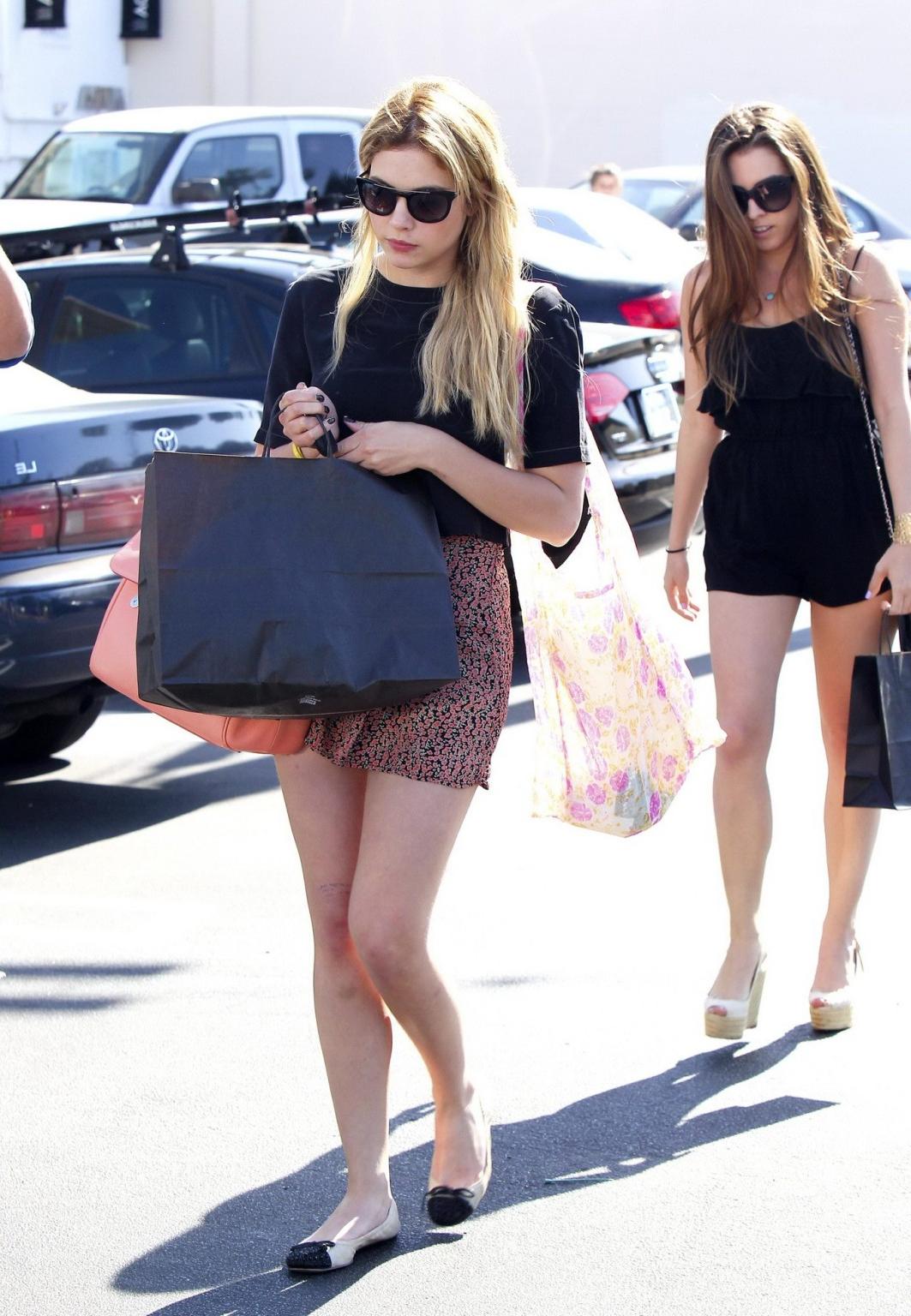16P Ashley Benson wearing fluttering see-thru mini skirt while shopping in Studio Ci