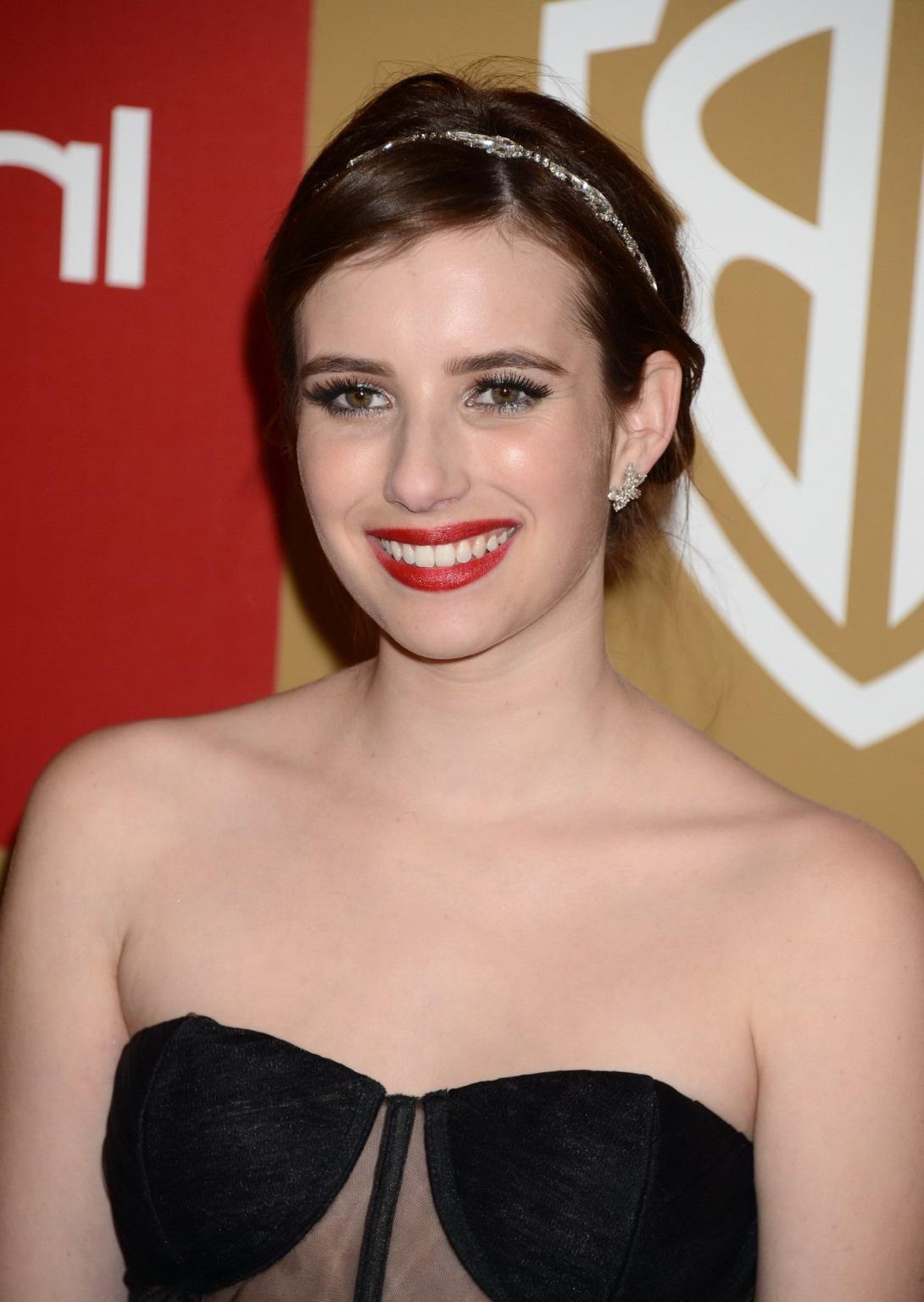 10P Emma Roberts braless wearing black partially see-through strapless dress at Warn
