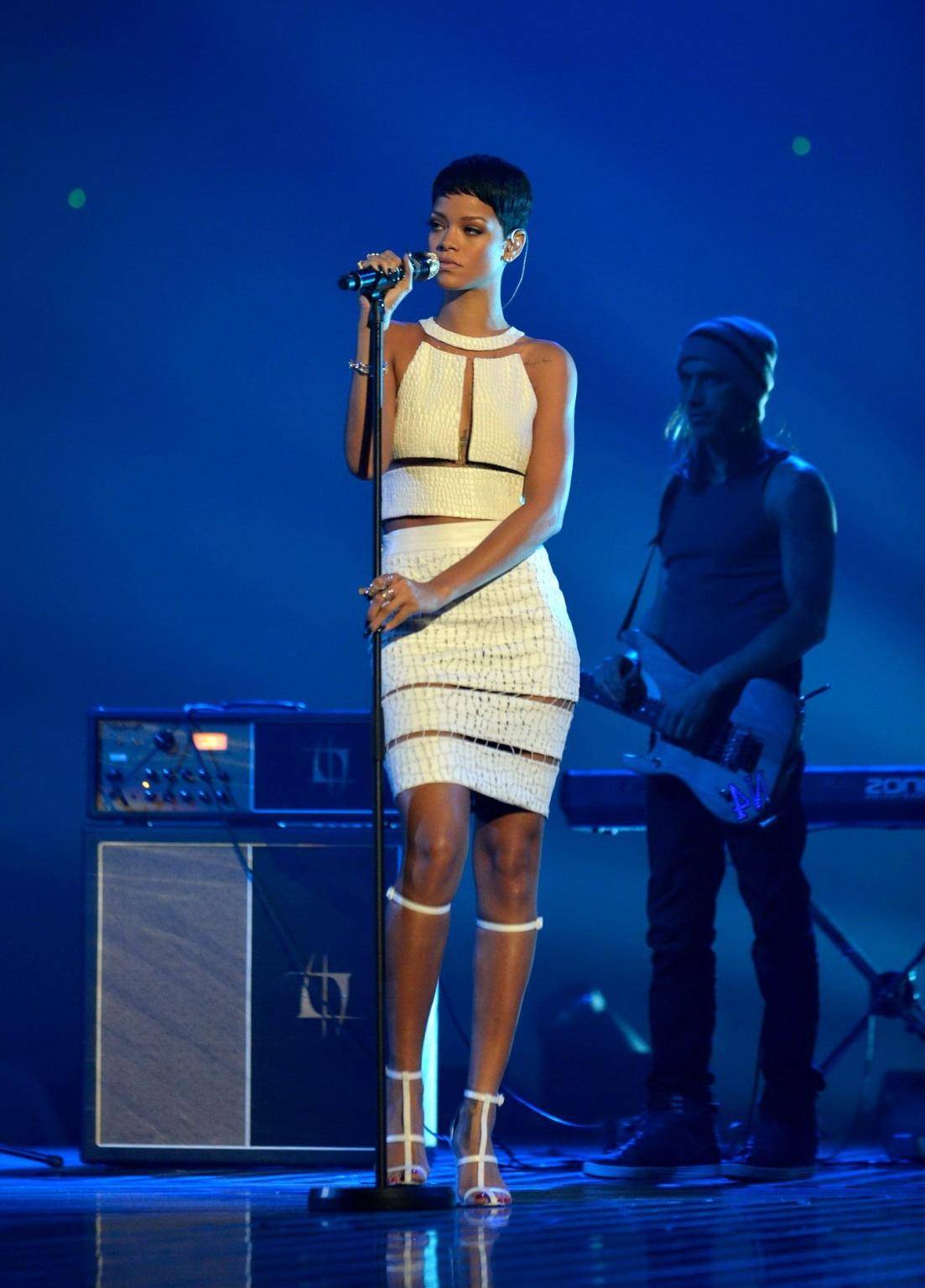 10P Rihanna in partially see through dress performing on The X Factor Final in Manch