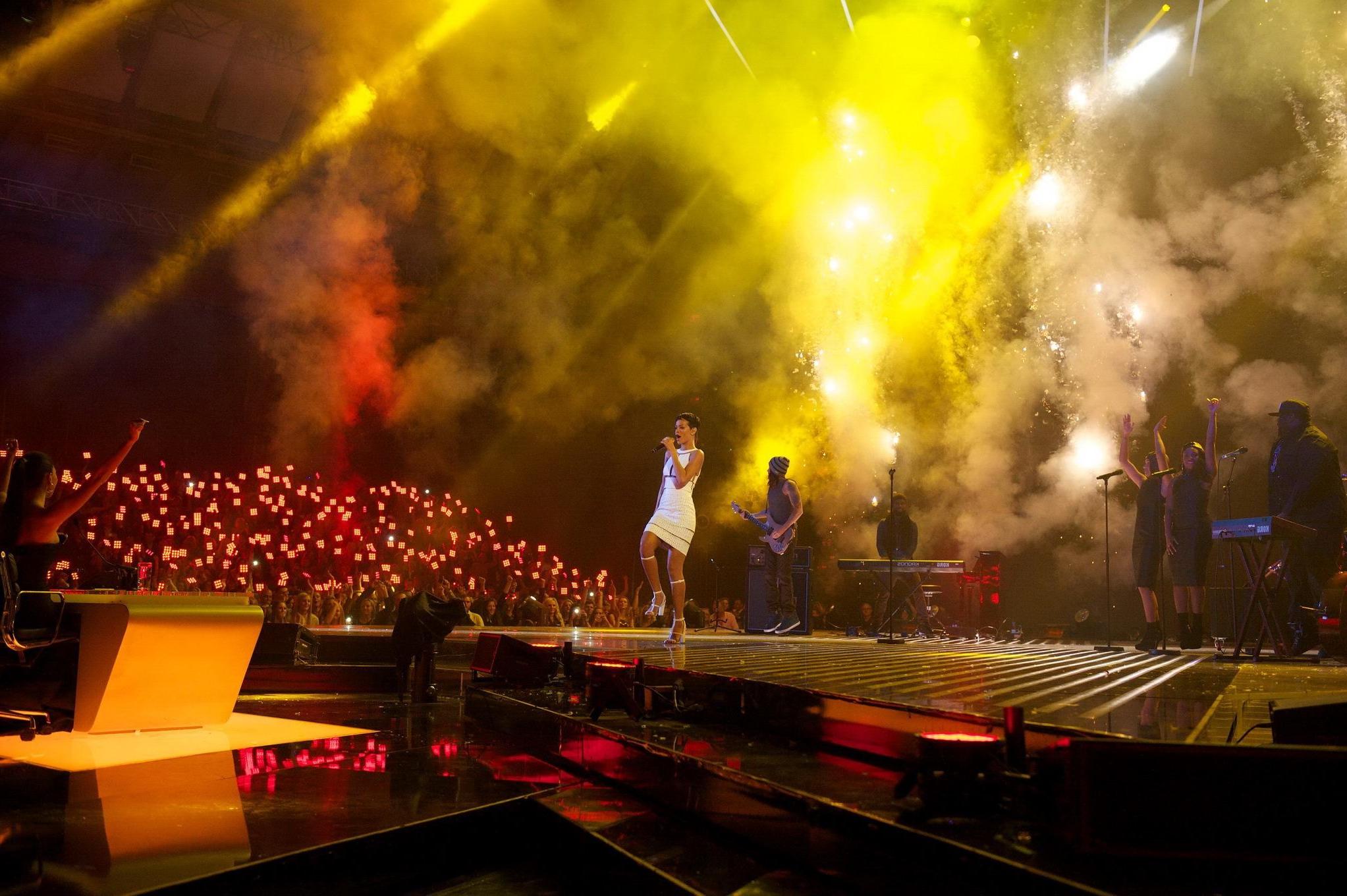 10P Rihanna in partially see through dress performing on The X Factor Final in Manch