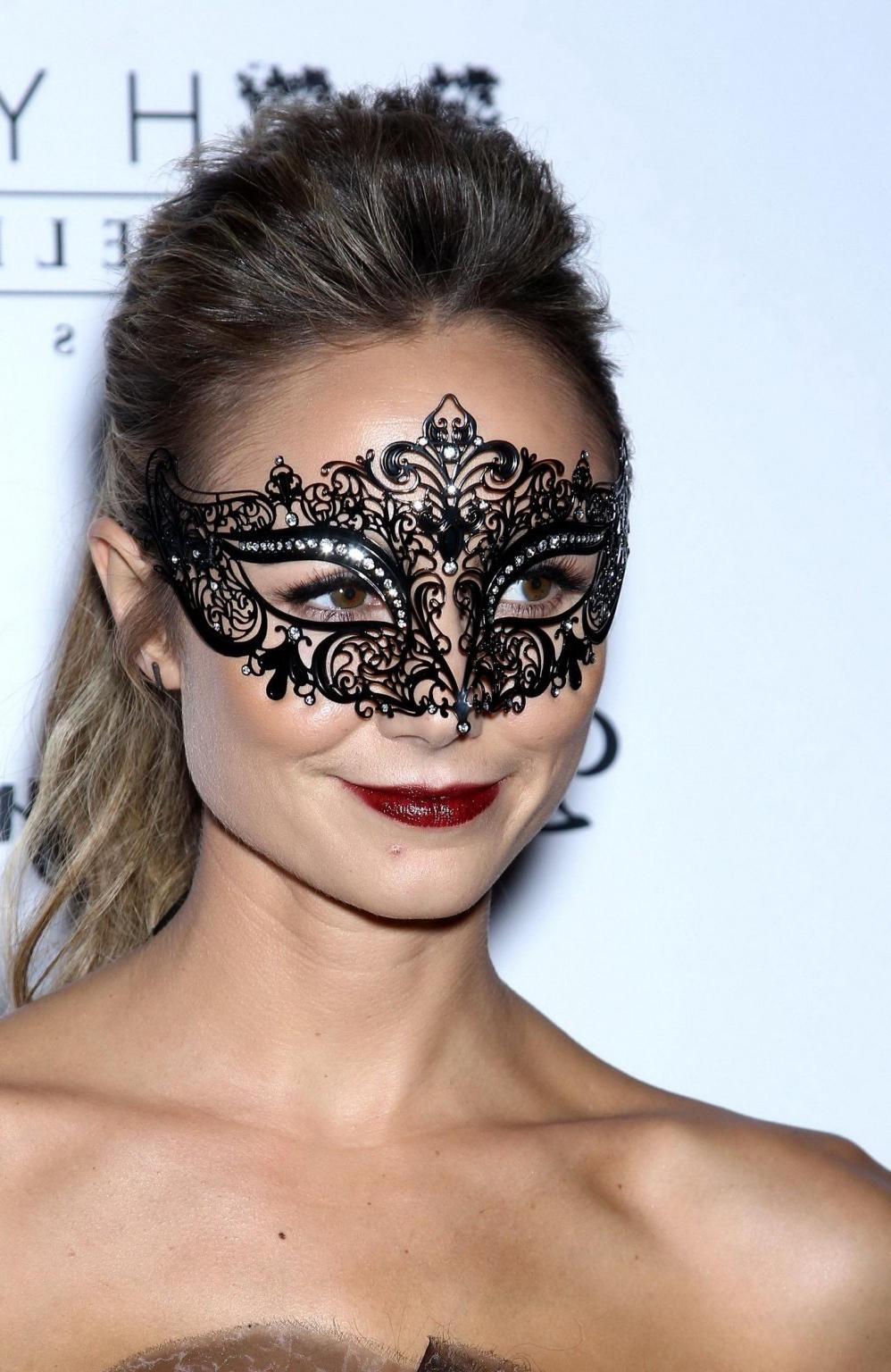 9P Stacy Keibler in sexy black dress hosting a Halloween masquerade party at Hyde B