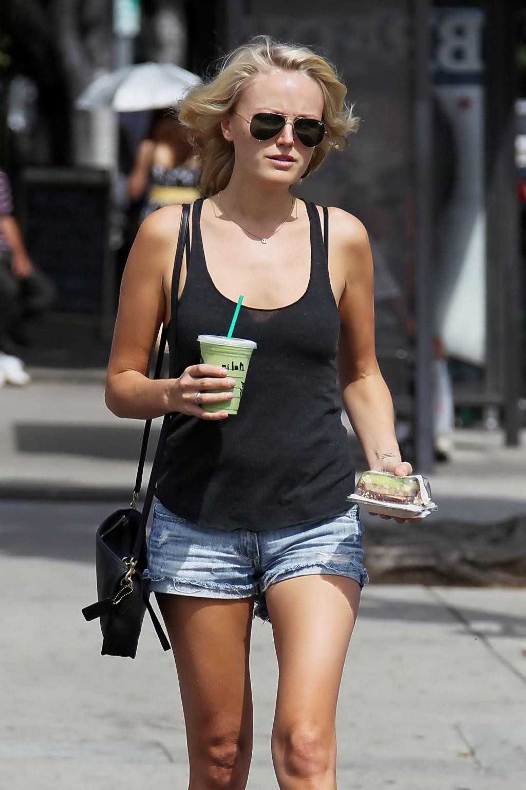 10P Malin Akerman busty and leggy wearing see-through to bra top and denim hotpants 