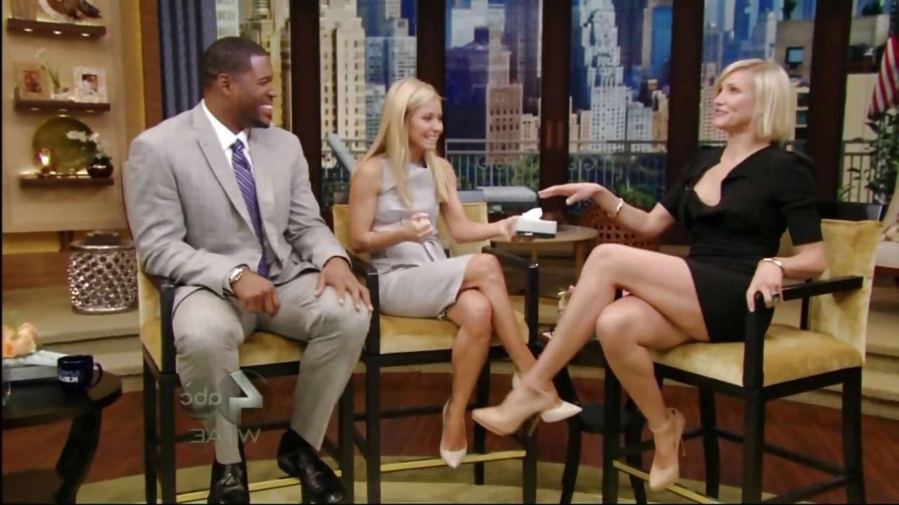 10P Cameron Diaz exposing her tits in see thru dress and legs in mini skirt