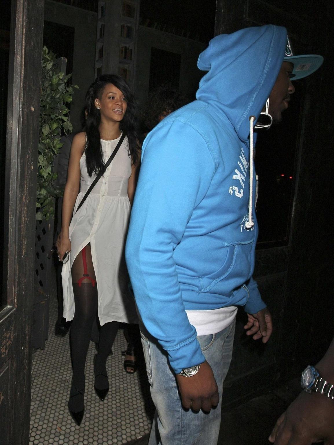 10P Rihanna braless wearing see through dress  pantyhose outside the Roxbury