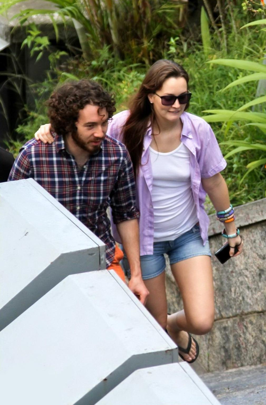 9P Leighton Meester braless in see through tank top  denim shorts