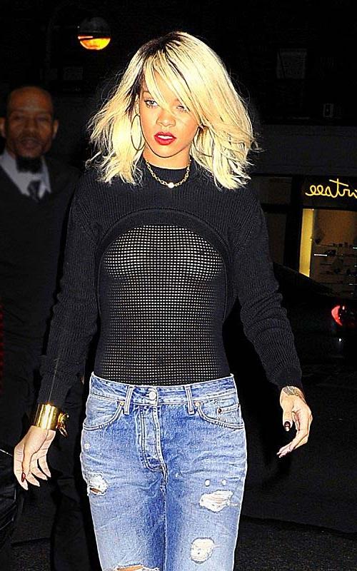 16P Rihanna walking down the street and showing hard nipples in see thru