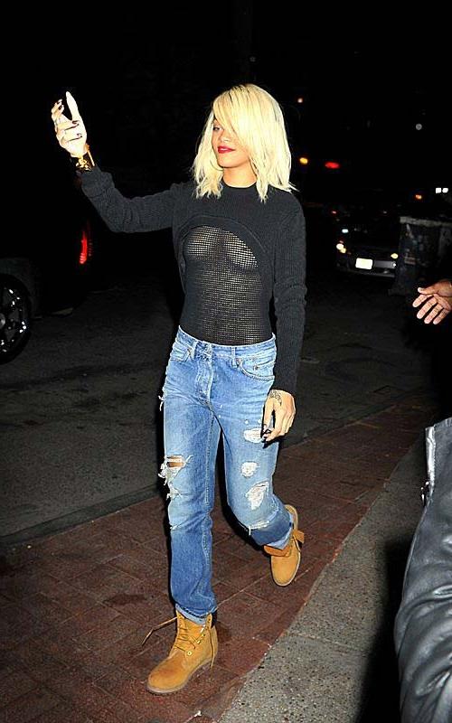 16P Rihanna walking down the street and showing hard nipples in see thru