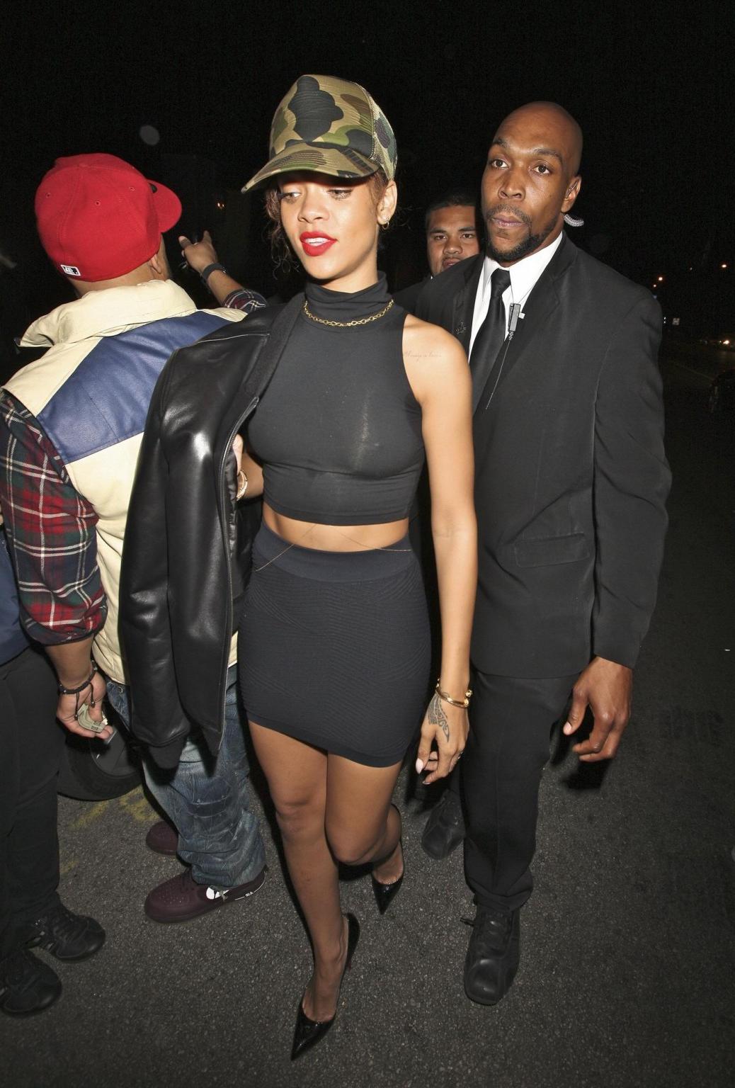 16P Rihanna braless  sweaty wearing see through dress in LA