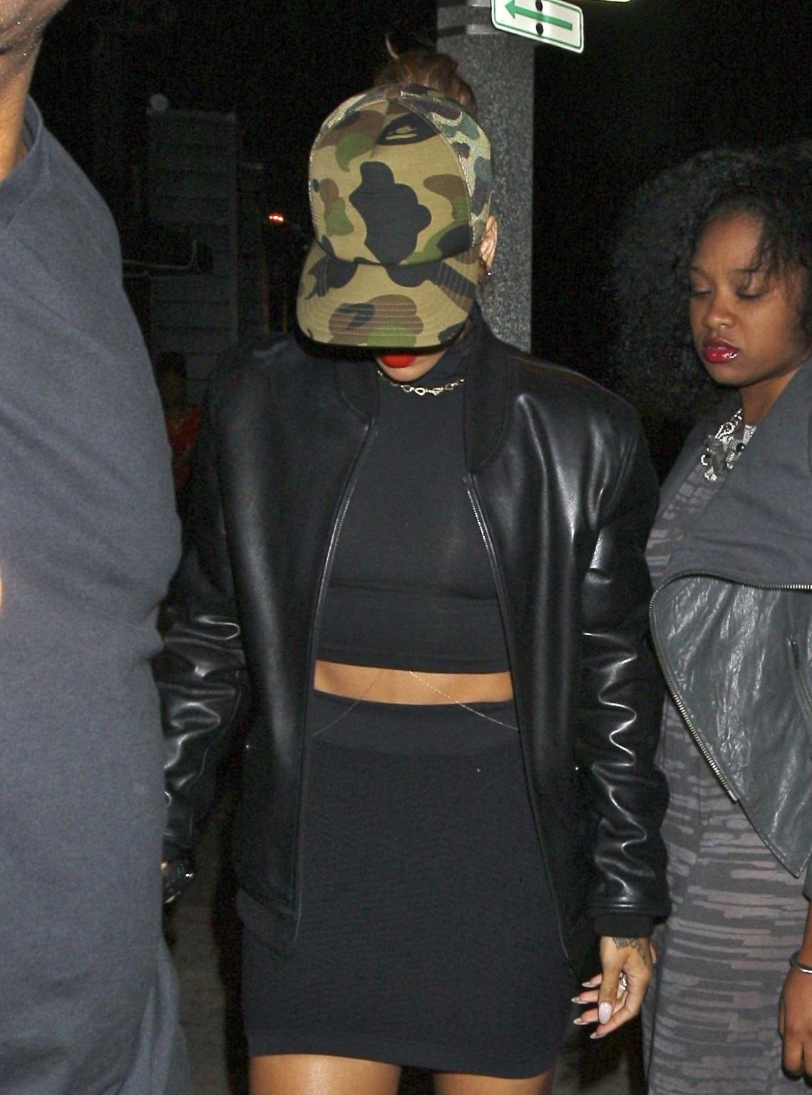 16P Rihanna braless  sweaty wearing see through dress in LA